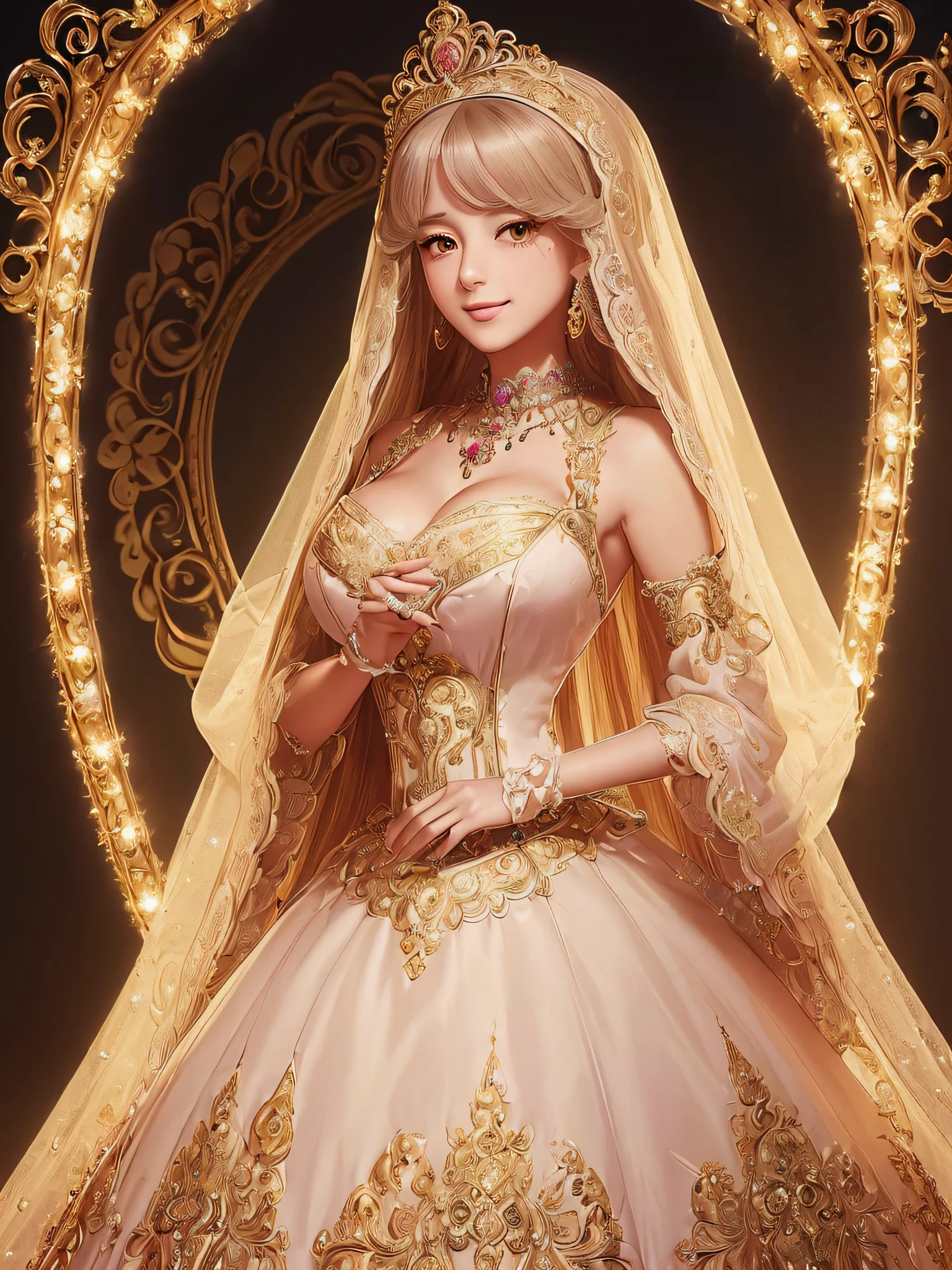 ((Anime art style)),(masutepiece),(Best quality), (Super detail),(Highly detailed CG unity 8k wallpaper),((Very delicate and beautiful)),1 Lady,((Full body portrait)),((Stand in the garden)),((Solo)),(((A princess wears a very ornate rococo princess ball dress and a wide long hoop dress,It is decorated with ornate embroidery and jewelry))),(((Giant Crinoline hoop skirt))),Long trains,((Gorgeous embroidery and jewelry)),Rich ruffles,(((Very, Very huge,skin indentation))),cleavage,((Very long straight hair,Very fluffy straight hair,Very long straight hair)),(finely detailed face and eyes),((Seductive smile,Embarrassed)),Eyes as beautiful as jewelry,Very gorgeous hair accessory,(A very ornate headdress,Adorned with sparkling jewelry),((Sparkling ornate gemstone jewelry)),Gorgeous long veil,((Extra-long gloves)),(Beautiful background),(full bodyesbian),((Very gorgeous Rococo princess ball dress,With ornate embroidery and jewels and a wide full-length hoop skirt))