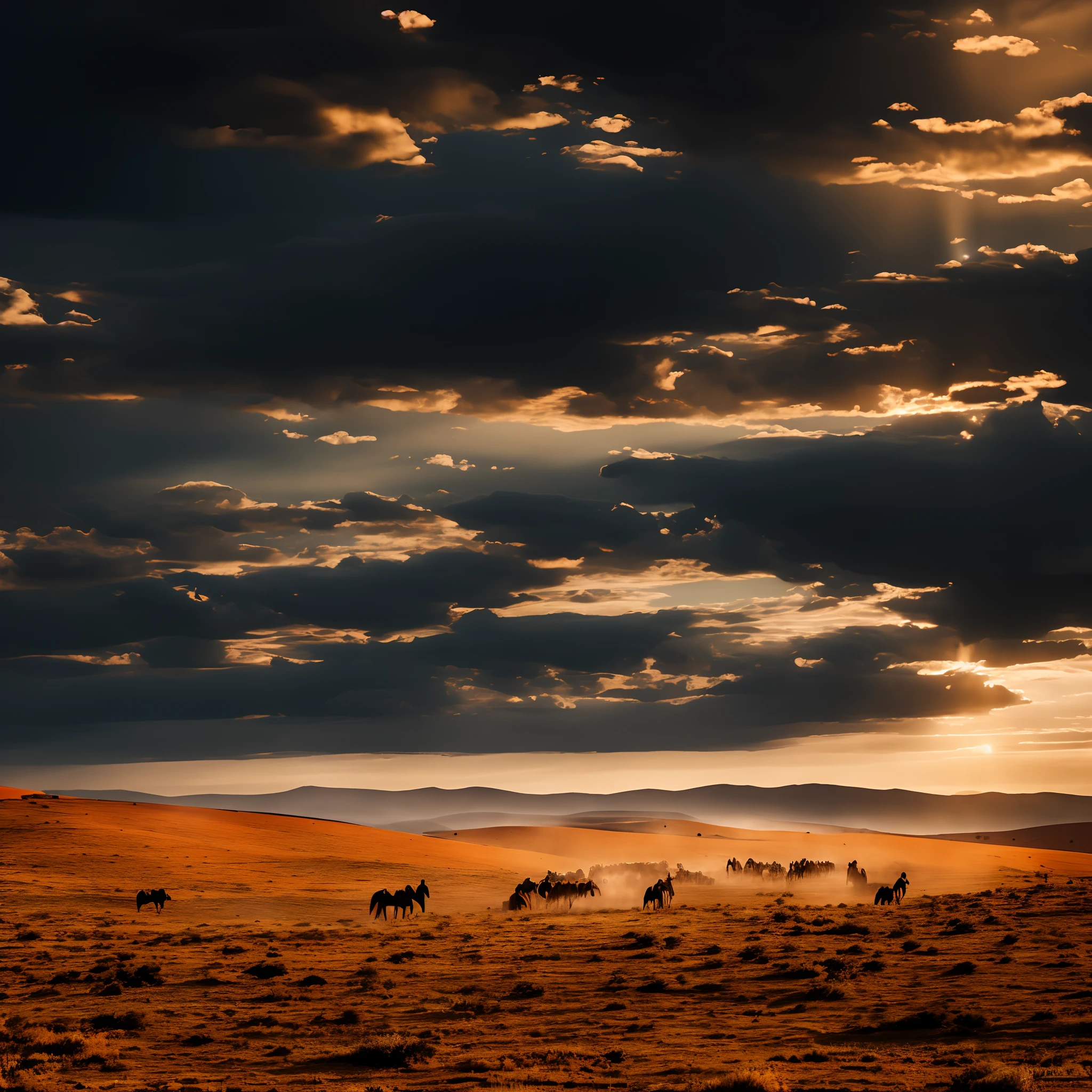 (Masterpiece),(Best Quality), Australian desert, black-grey sky, dark clouds blurred orange-glowing, use #ff4300 as guideline for orange,
silhouette of a large cowboy army on horses in bottom of the image, looking down a clift on another silhouette big army in top of the image, the two armies are facing each other, gloomy atmospheres,
war-flags close to the armies, golden eagles in the air