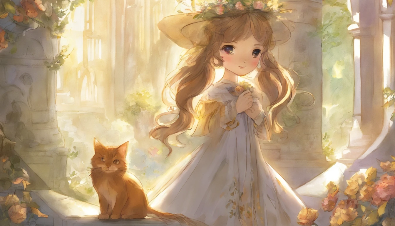 Girl holding hands and light gray cat in a sunny room 10years old girl、I have chestnut hair Fantastic and happy feelings watercolor paiting The overall design is classic.、The color is dark yellow Picture book illustrations