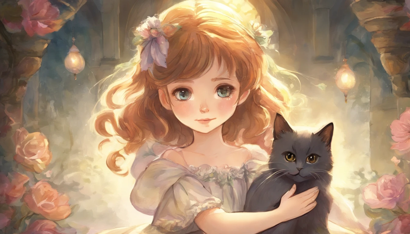 Girl holding hands and light gray cat in a sunny room　ars old girl、I have chestnut hair　Fantastic and happy feelings　watercolor paiting　The overall design is classic.、The color is dark yellow　Picture book illustrations