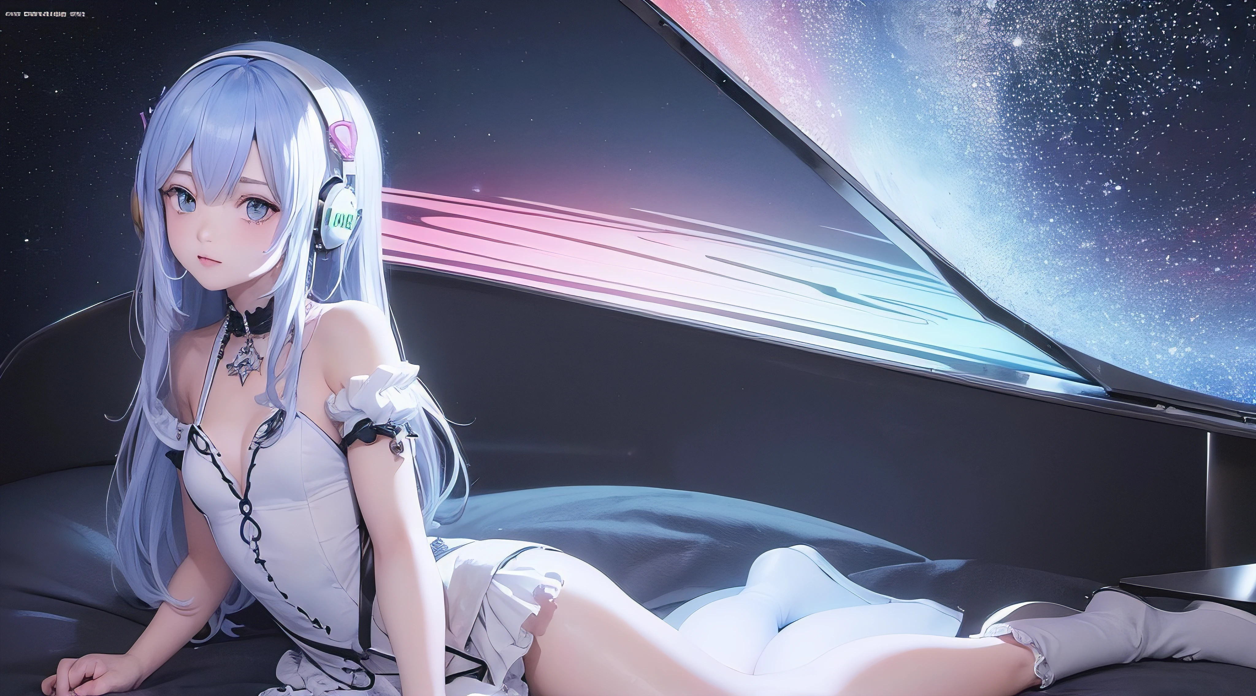 (obra prima) (perfection) (ultrarrealista | | |) (sem defeitos) Menina de anime, neon, noite, sirenes ao redor, musica, ondas sonoras