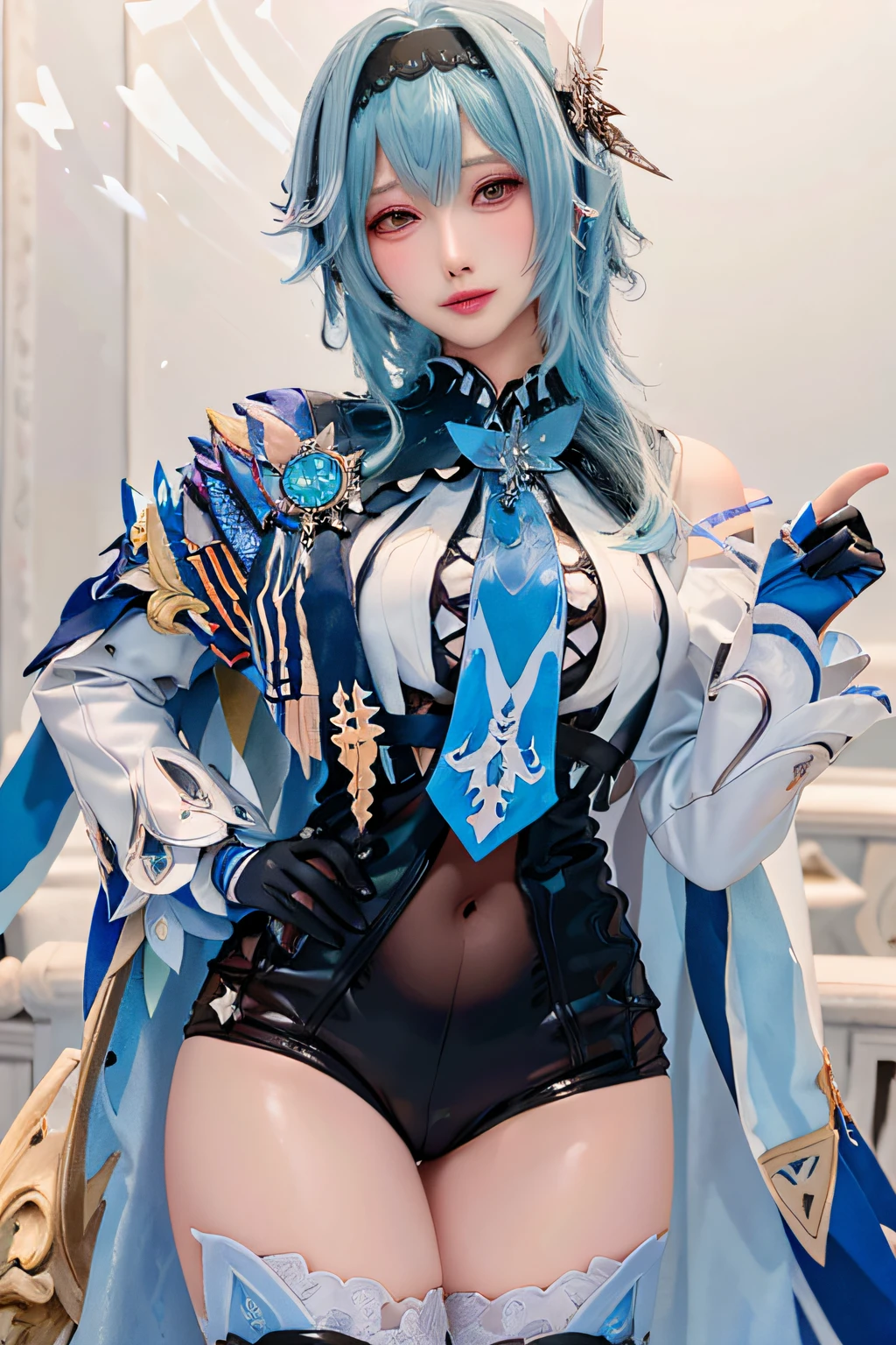 Beauty of a goddess, beautiful girl, 1girl, solo, (masterpiece:1.2), best quality, eula, genshin, high detailed, 8K resolution, looking at viewers, eula from genshin impact, hairband, blue hair, necktie, cape, vision \(genshin impact\), leotard, long sleeves, gloves, sidelocks, black thighhighs, smiling, slender figure, wide beautiful eyes, (full body photo)