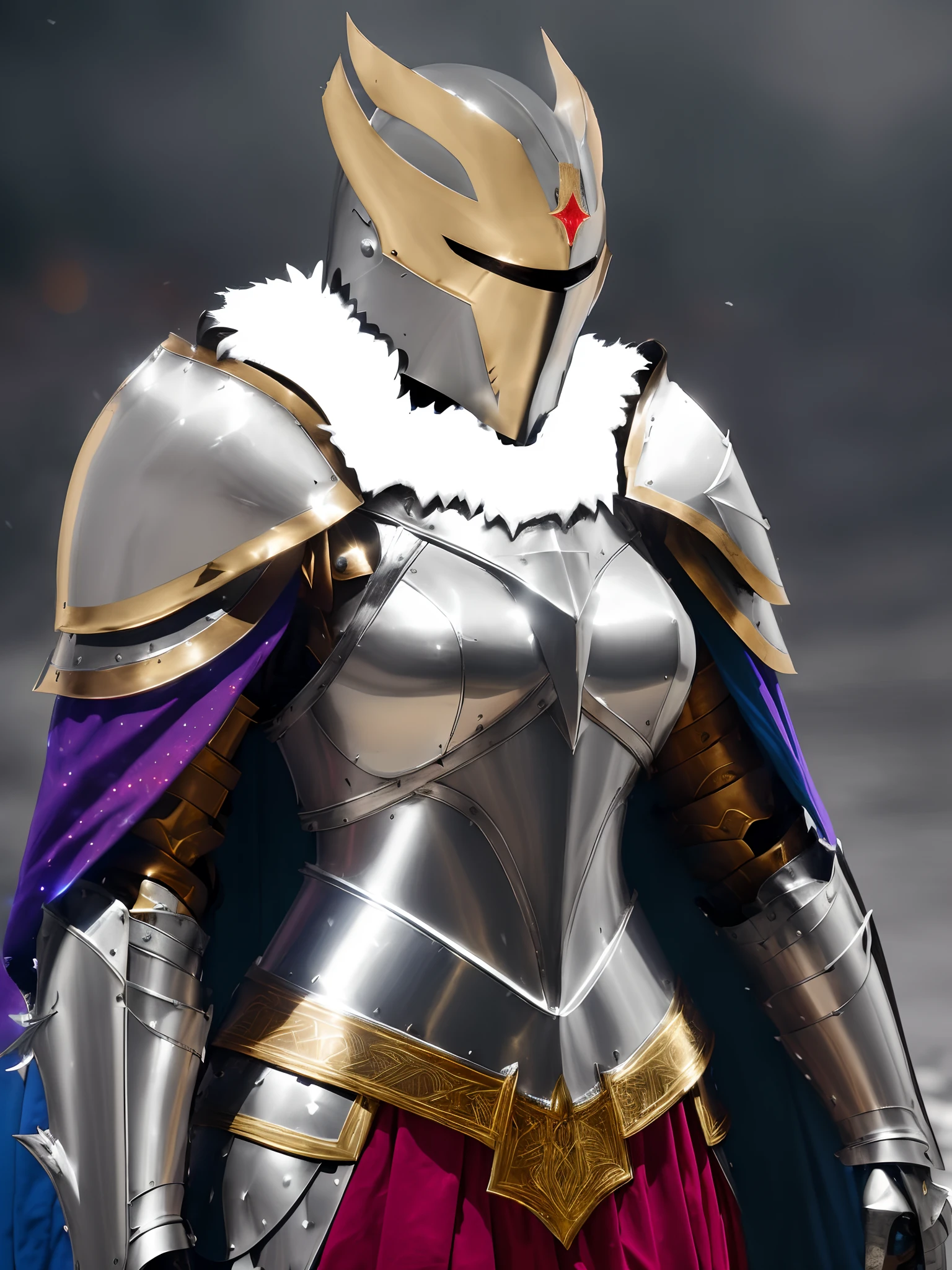 award winning digital art of an warrior woman, metal helmet, (silver, red, gold metal), Metal Armor, (blue cape with white fur collar), in a fantasy village, d&d, masterpiece, best quality, high contrast, soft lighting, backlighting, bloom, light sparkles, chromatic aberration, smooth, sharp focus (((metal armor)))