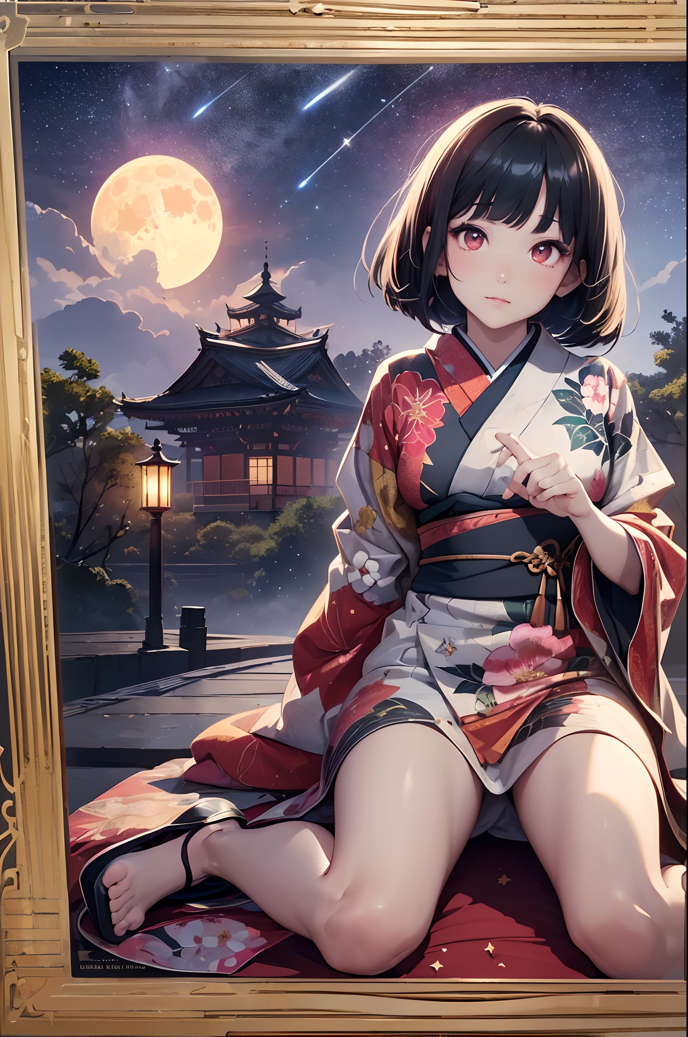 (Official art、top-quality、in 8K、​masterpiece、nffsw、超A high resolution、Raw photo、Unity 8k Wallpapers、32K、​masterpiece、ultra-detailliert、超A high resolution、realisitic、Photorealsitic:1.2)、(Fantastical、moonlights:1.2)、(depth of fields)、(Full body:1.3)、Fireglow effect、film grains、Best Shadows、(Ultra-detailed and complex 3D rendering)、(Looking Up、Full moon visible、starrysky、Looking away:1.5)、Detailed beautiful face and eyes、(super detailed skin、detailed skin textures:1.3)、Realistic pupils、Sharp pupils、A slender、Medium bust、Highly detailed background、beauitful face、16-year-old beautiful girl、Girl like a Japan doll、shinny skin、bob cuts、Beautiful black hair、Blunt bangs、Red Eye、(Gentle look、A slight smil)、Floral kimono、Japan garden、beauty legs