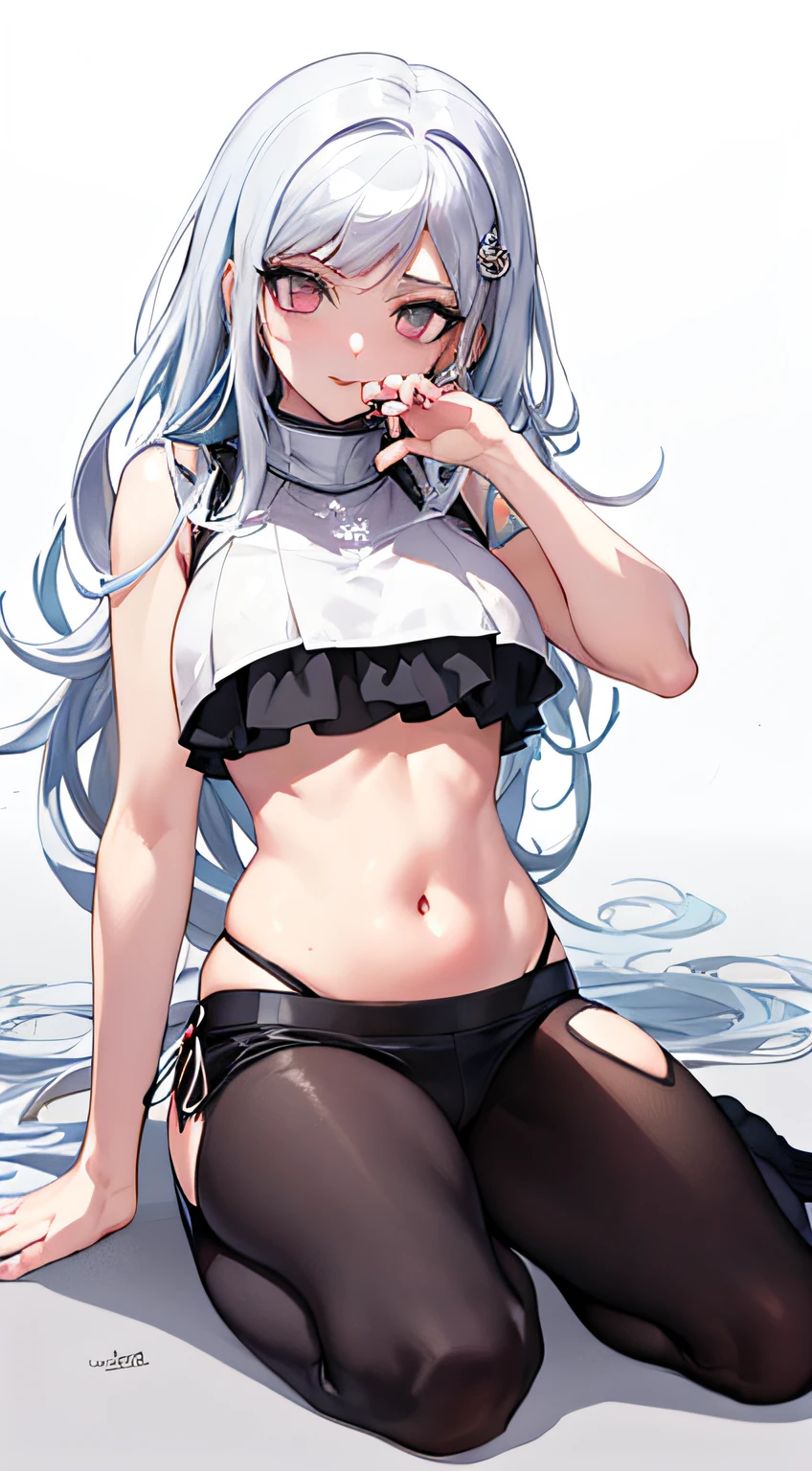 anime girl with blue hair sitting on the ground and taking a picture, “anime girl, kantai collection style, digital art from danganronpa, white haired, seductive anime girl, hands behind her body pose!, perfect white haired girl, thighs!!!!!!, tifa lockhart with white hair, (anime girl), thighs!!!, thicc, full body!!!
