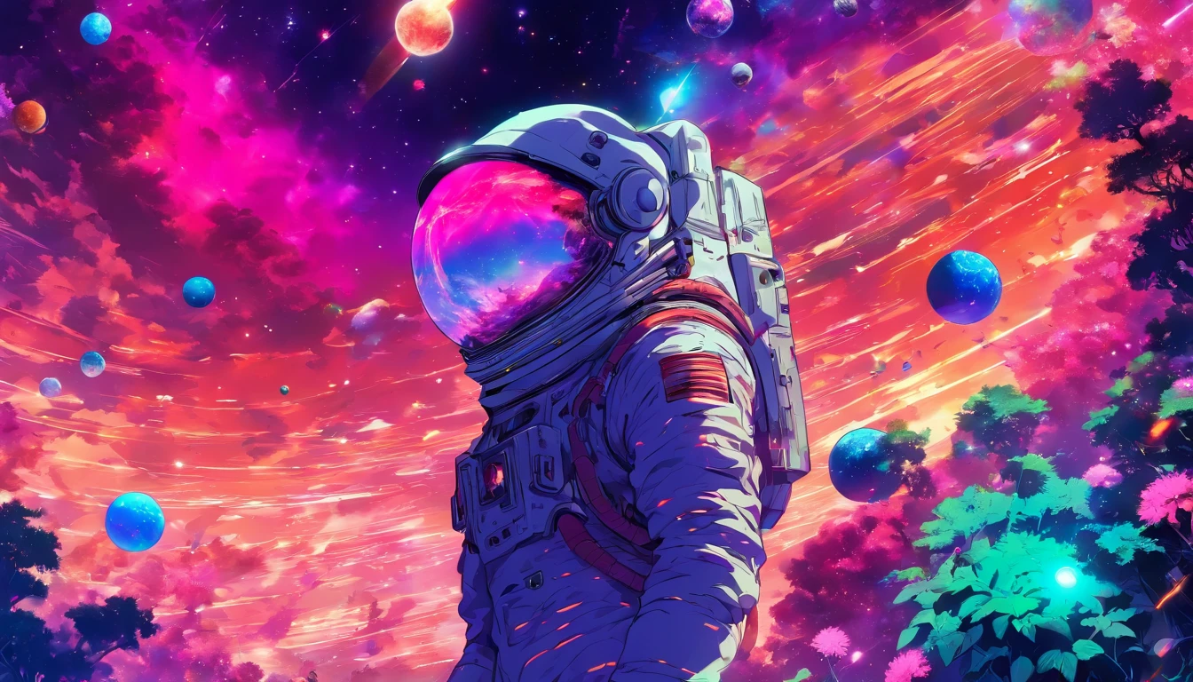 HD details, Close up of a man in a spacesuit, planets in the background, Psychedelic Cosmic Horror, Psychedelic illustration, cosmic space, plants growing, The world of psychosis, Background Space Graphic Art, Space Illustration, cosmic space, Cosmic LSD Poster Art, DMT space behind, Space Scene, Surreal space, Space style