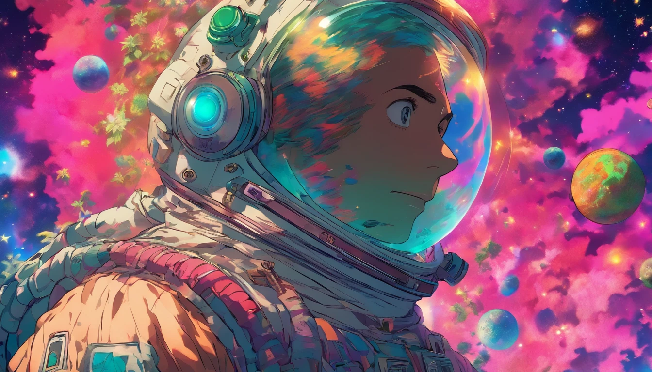 HD details, Close up of a man in a spacesuit, planets in the background, Psychedelic Cosmic Horror, Psychedelic illustration, cosmic space, plants growing, The world of psychosis, Background Space Graphic Art, Space Illustration, cosmic space, Cosmic LSD Poster Art, DMT space behind, Space Scene, Surreal space, Space style