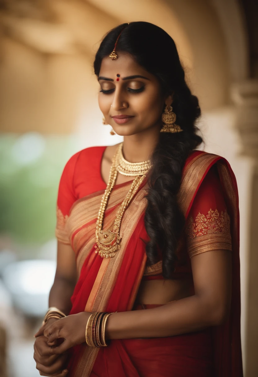 Visualize a young Indian woman, wearing traditional dress in saree , western face