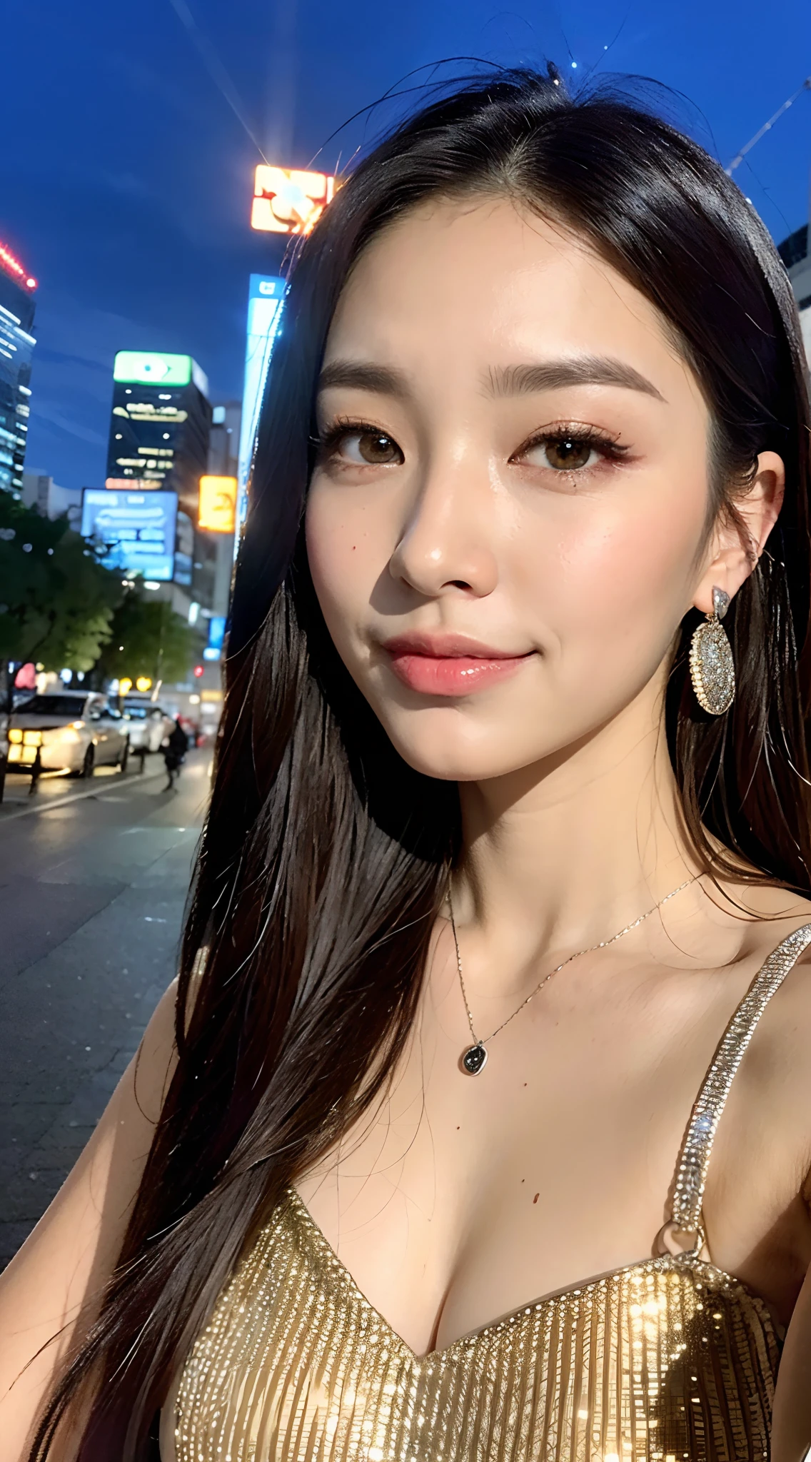 ((Realistische Beleuchtung, Best and genuine quality, 8K, Meisterwerk, Selfie perspective from diagonally above, Selfie wurde von Iphone 15 pro max geschossen: 1.0 (Im Freien, Nacht: 1.1), real city streets with skyscrapers of Seoul in South Korea, Sommerzeit)), Klarer Fokus: 1.3, 1 Korean-Asian girl with the following characteristics: Perfekte Figur: 1.4, Schlanke Bauchmuskeln: 1.5, Dunkelbraunes und langes Haar: 1.6, White crop top without brand logo: 1.7, Breasts Cup Size B: 1.8, Superfine and sharp-edged face with a relaxed smile: 1.9, Feine realistische asiatische Augen mit brauner Iris: 2.0, Doppelte Augenlider: 2.1, realistische Stupsnase: 2.2, beautiful realistic asian ears with earrings: 2.3, Realistic beautiful and long eyebrow: 2.4, slightly yellowish white pure Asian skin: 2.5, keine Piercings oder Tattoos: 2.6, Necklace in 14 karat white gold with a small blue opal stone: 2.7, Stud earrings in 14k white gold: 2.8, keine Muttermale: 2.9