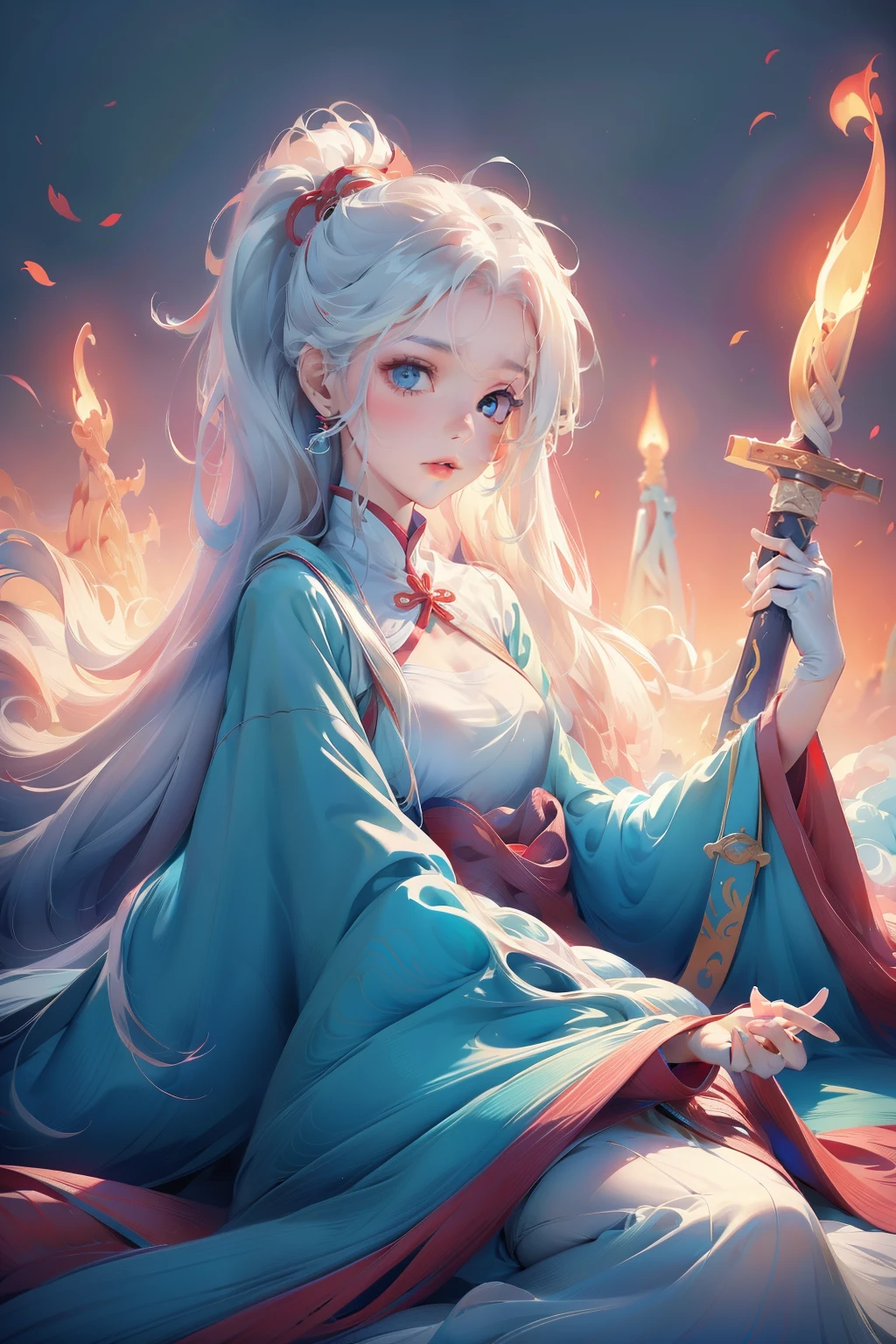 Kiana Kaslana，A girl with long white hair，8K，Delicate girl，Armed with a red giant sword，blue colored eyes，White clothes，Cute，Masterpiece，Gentle and sweet，火焰