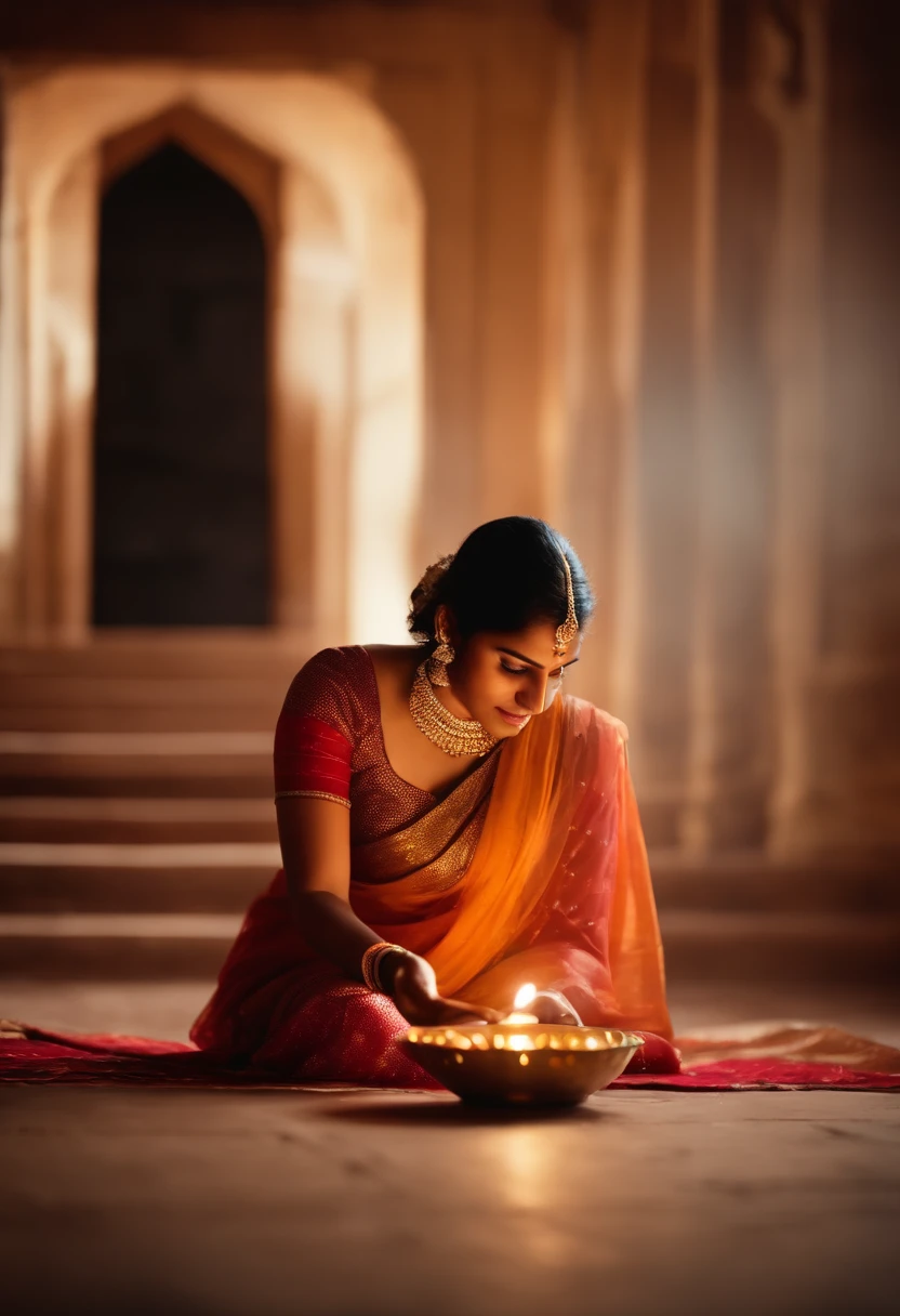 Visualize a young Indian woman, wearing traditional dress in saree , without face . holding diwali light in hand