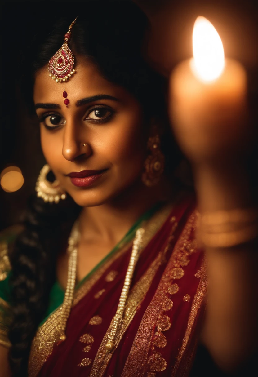 Visualize a young Indian woman, wearing traditional dress in saree , without face . holding diwali light in hand