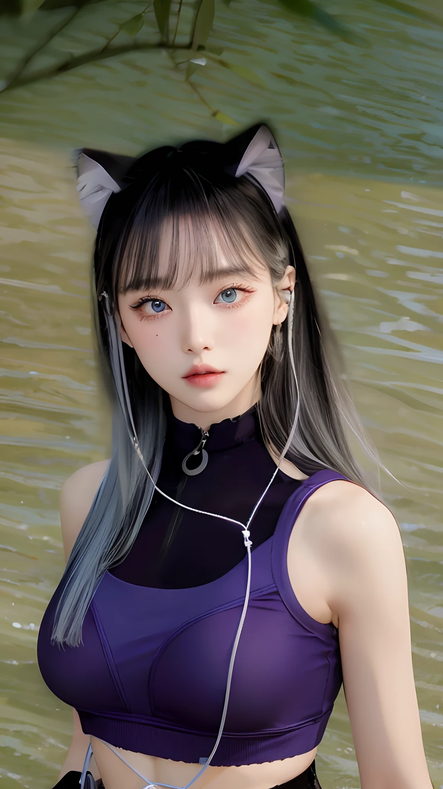 black hair long, blue eyes, black white hais, asian beautiful face, young asian woman, korean girl, korean woman, a young asian woman, young cute korean face, (crop top, off shoulder, abs, cleavage), gorgeous young korean woman with fair skin showing all top of head, beautiful korean young woman, beautiful korean woman, beautiful asian woman, tight sportswear in purple and black hd, hd earphones, dynamic angle