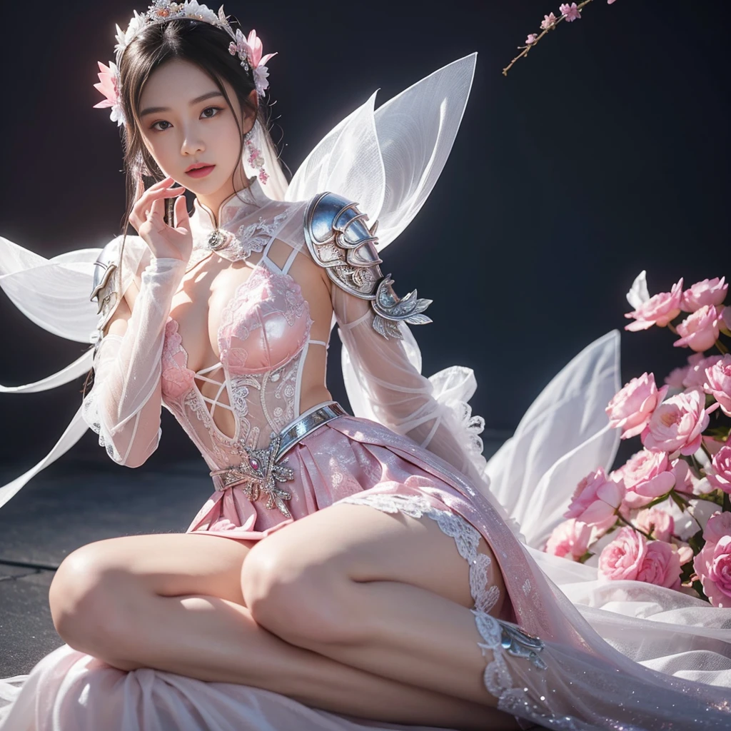 Sexy woman in white gold and pink lotus lace armor dress, chengwei pan on artstation, by Yang J, detailed fantasy art, Stunning character art, Fanart Meilleure ArtStation, epic exquisite character art, Transparent clothes,Less armor,Beautiful armor, Extremely detailed Artgerm, Detailed digital anime art, Artgerm on ArtStation Pixiv, Armor Girl, (Mini skirt:1,5)