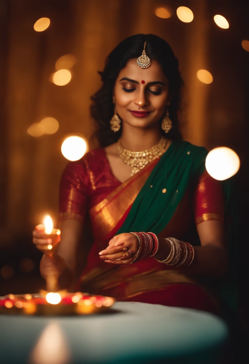 Visualize a young foreign woman, wearing traditional dress in saree , without face . holding diwali light in hand