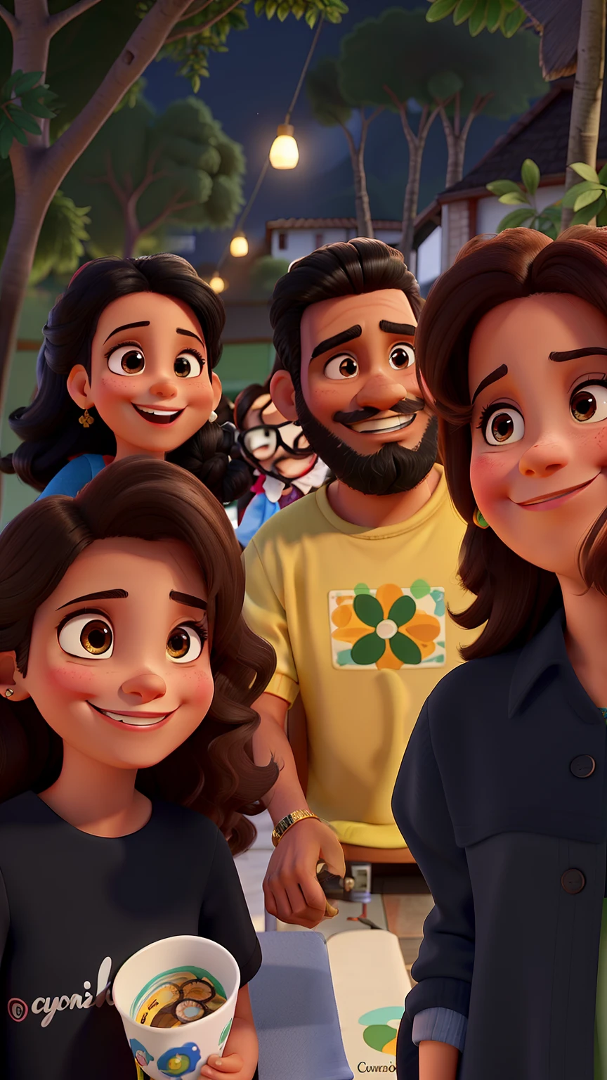 A typical Brazilian family portrayed in Disney Pixar style with detailed strokes and vibrant colors. Right behind The father is a, homem sul-americano careca, com olhos verdes brilhantes, well-groomed beard and wears stylish glasses. He's smiling warmly, Showing a cheerful expression.
a filha mais nova, com nove anos de idade, She is dressed in a charming pink princess dress. She's a black-eyed brunette, com cabelos castanhos em cachinhos, that add a touch of sweetness to your appearance. Seu rosto irradia felicidade enquanto ela sorri com entusiasmo.
o filha mais velha, com treze anos, She's a jambo-colored brunette girl, com olhos pretos e cabelos pretos curtos. Her smile is contagious and expresses joy and fun.
The mother is a black woman with black eyes, com cabelos pretos e lisos, que caem graciosamente por seus ombros. Her smile is kind and caring, radiating the happiness of being together with your family.
This depiction depicts a happy family, cheia de alegria e amor, uncharacteristic Disney Pixar style, com uma qualidade excepcional. No fundo umas arvores.