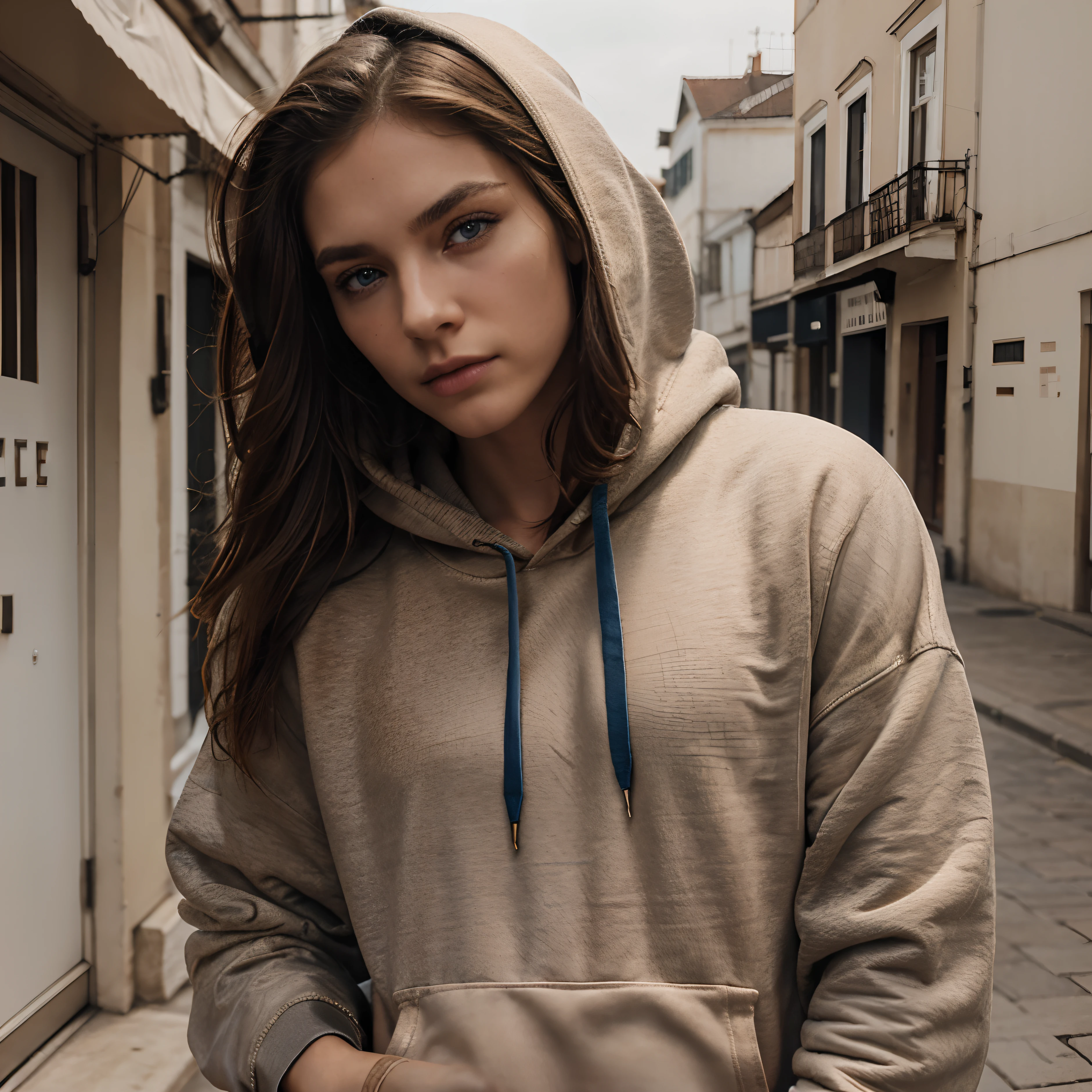 Raw Photo, Photo Essay, Fashion Photography, Masculine Girl, Model, Enigmatic, Soft Earthy Makeup, Earthy Eye Shadow, European, South American, long Haircut, blue eyes, ((wearing a hoodie)),selfie