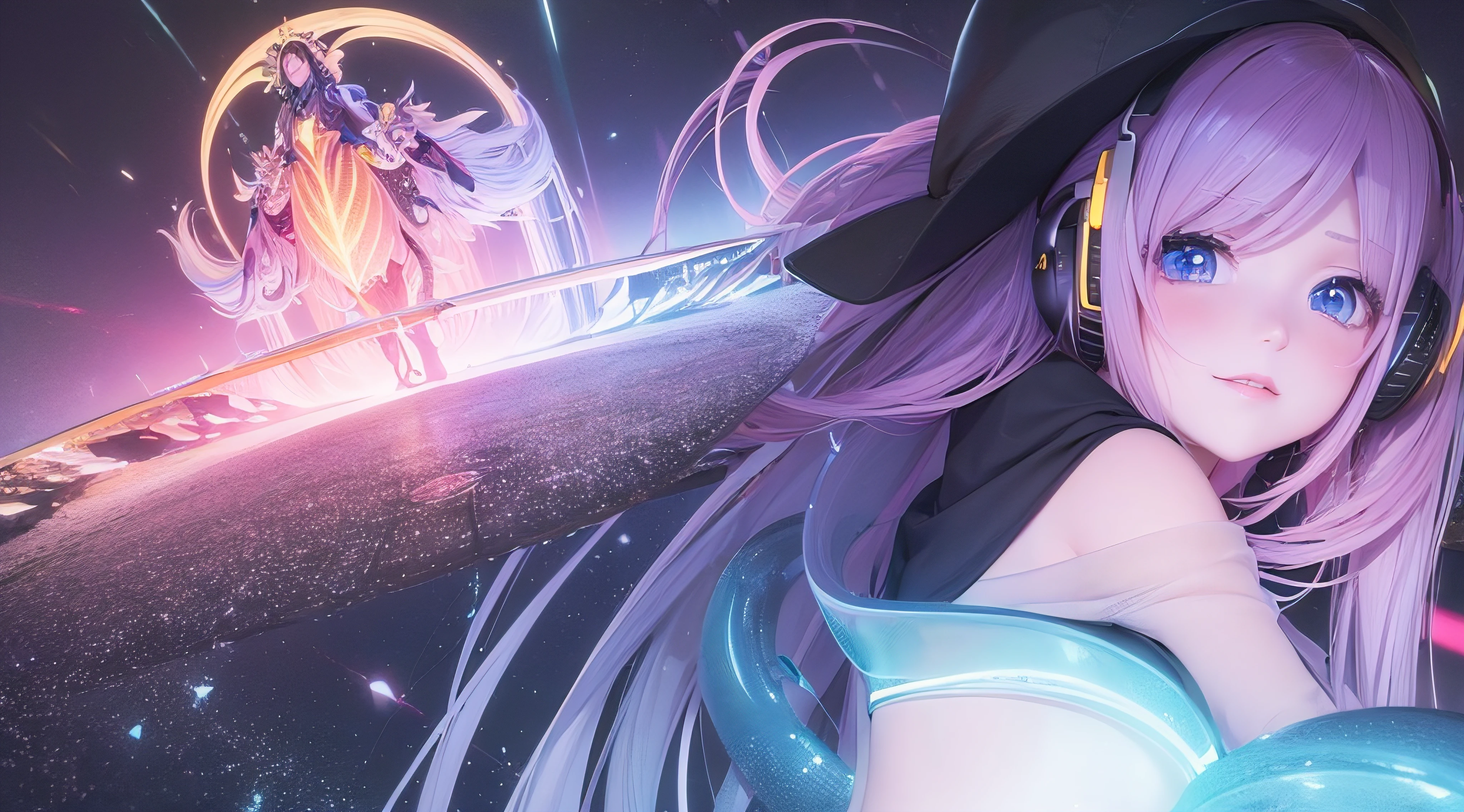 (obra prima) (perfection) (ultrarrealista | | |) (sem defeitos) Menina de anime, neon, noite, sirenes ao redor, musica, ondas sonoras