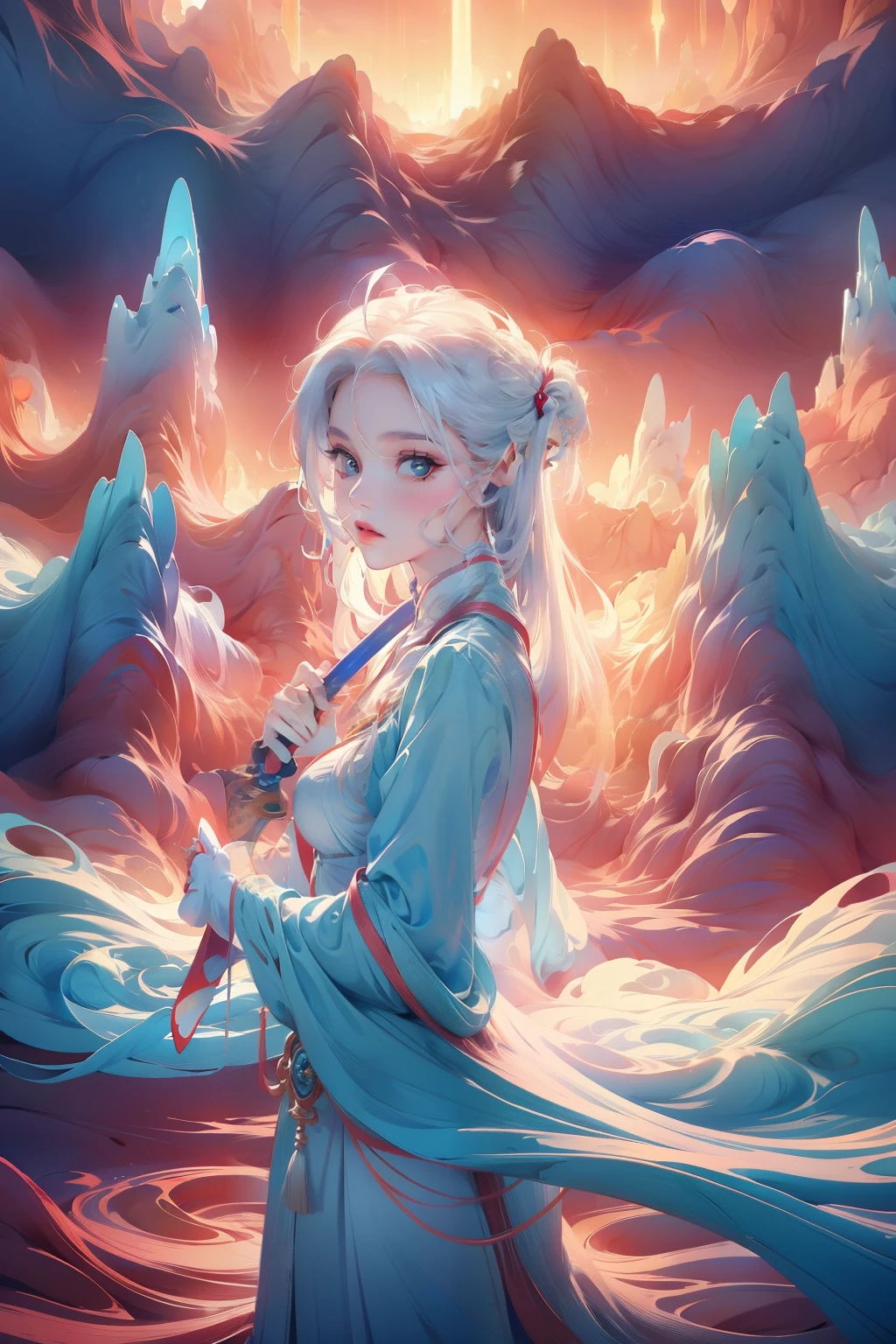 Kiana Kaslana，A girl with long white hair，8K，Delicate girl，Armed with a red giant sword，blue colored eyes，White clothes，Cute，Masterpiece，Gentle and sweet，火焰