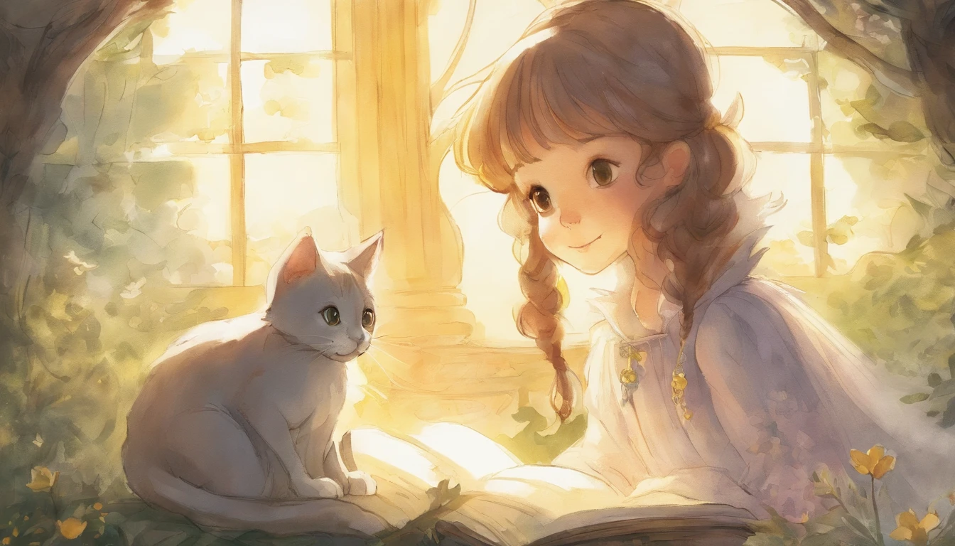 Light grey cat and girl holding hands and staring in a sunny room　10years old girl、I have chestnut hair　Fantastic and happy feelings　watercolor paiting　The overall design is classic.、The color is dark yellow　Picture book illustrations