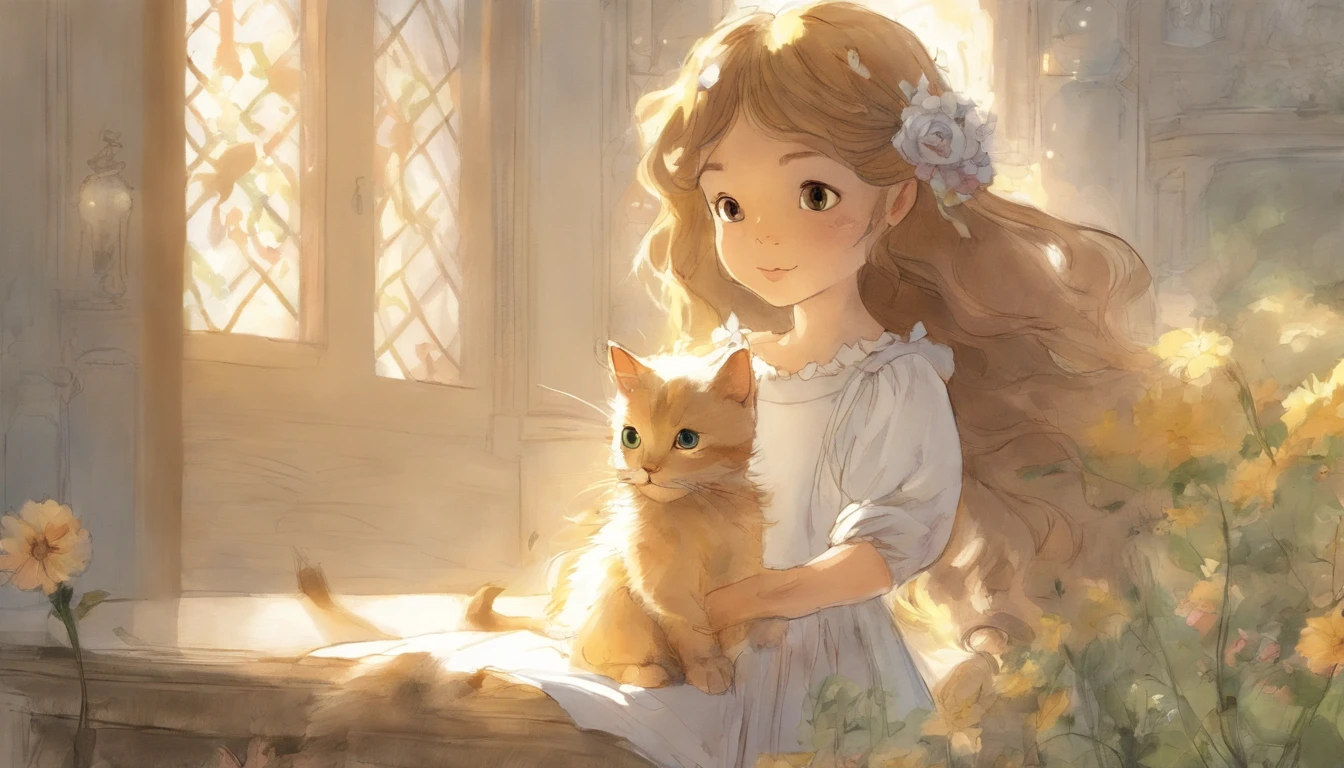 Light grey cat and girl holding hands and staring in a sunny room　10years old girl、I have chestnut hair　Fantastic and happy feelings　watercolor paiting　The overall design is classic.、The color is dark yellow　Picture book illustrations