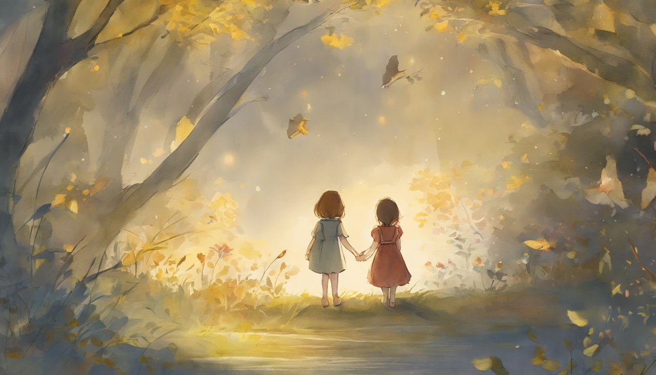 Light grey cat and girl holding hands and staring in a sunny room　10years old girl、I have chestnut hair　Fantastic and happy feelings　watercolor paiting　The overall design is classic.、The color is dark yellow　Picture book illustrations