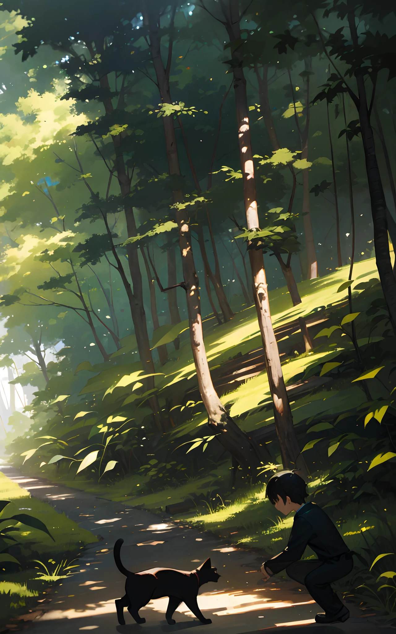 In the woods、One Road、Black cat、5-year-old boy、A clear day
