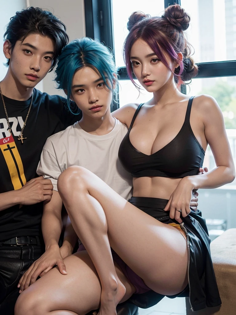8K,best qualtiy,tmasterpiece,(Two boys and a girl,Two boys hugged the girl from behind),(A charming girl,the only girl,Wrapped his arms around the two boys,huge pread their legs,Hands on the back of head,Held from behind by two boys),friedly smile,(random hair style,Random hair color,Brightly colored hair,with long coiled hair,Asymmetrical hairstyle,Complex hair color,Complex hairstyles,double bun),(Superskirt,Crotch bulge,Camelken sports pantyhose,Closof the crotch)