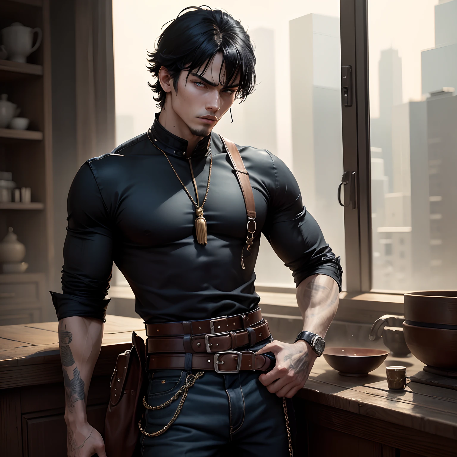 8k, masterpiece, best quality, realistic, higly detailed, cowboy shot, 1boy, solo, Fuutarou, young man, fair skin, black hair, bowl cut, two strands sticking up from the back of his head, bangs that cover his forehead, blue eyes, slim physique, tall build, tends to slouch, serious expression, scary and thuggish vibe, bad guy, Rock Singer