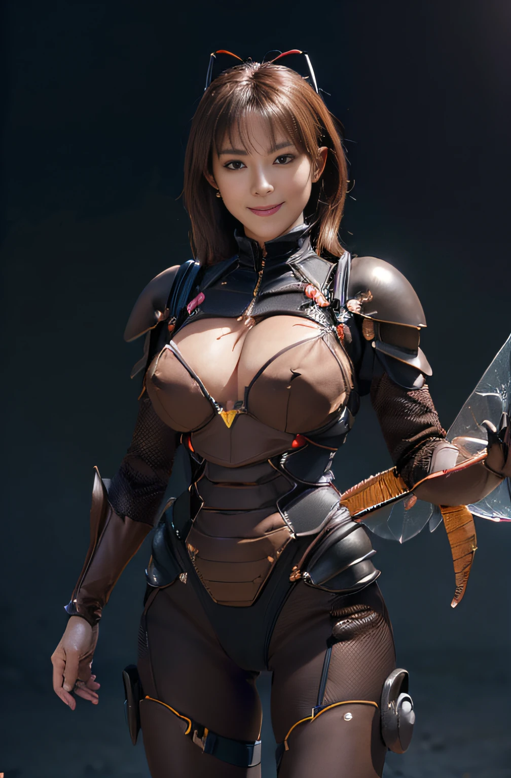 (high resolution,masterpiece,best quality,extremely detailed CG, anime, official art:1.4), realistic, photo, amazing fine details, all intricate, gloss and shiny,awesome many layers, 8k wall paper, 3d, sketch, kawaii, illustration,( solo:1.4), perfect female proportion,villainess, (fusion of dark brown cockroach and lady:1.4), (brown cockroach form lady:1.2), (brown cockroach lady:1.2), (fusion:1.2), (solo:1.4), (evil smile:1.2), muscular, abs, (cockroach brown exoskeleton bio insect suit:1.4), (cockroach brown exoskeleton bio insect armor:1.2), (brown transparency cockroach wing:1.4), (brown cockroach antennae:1.3),