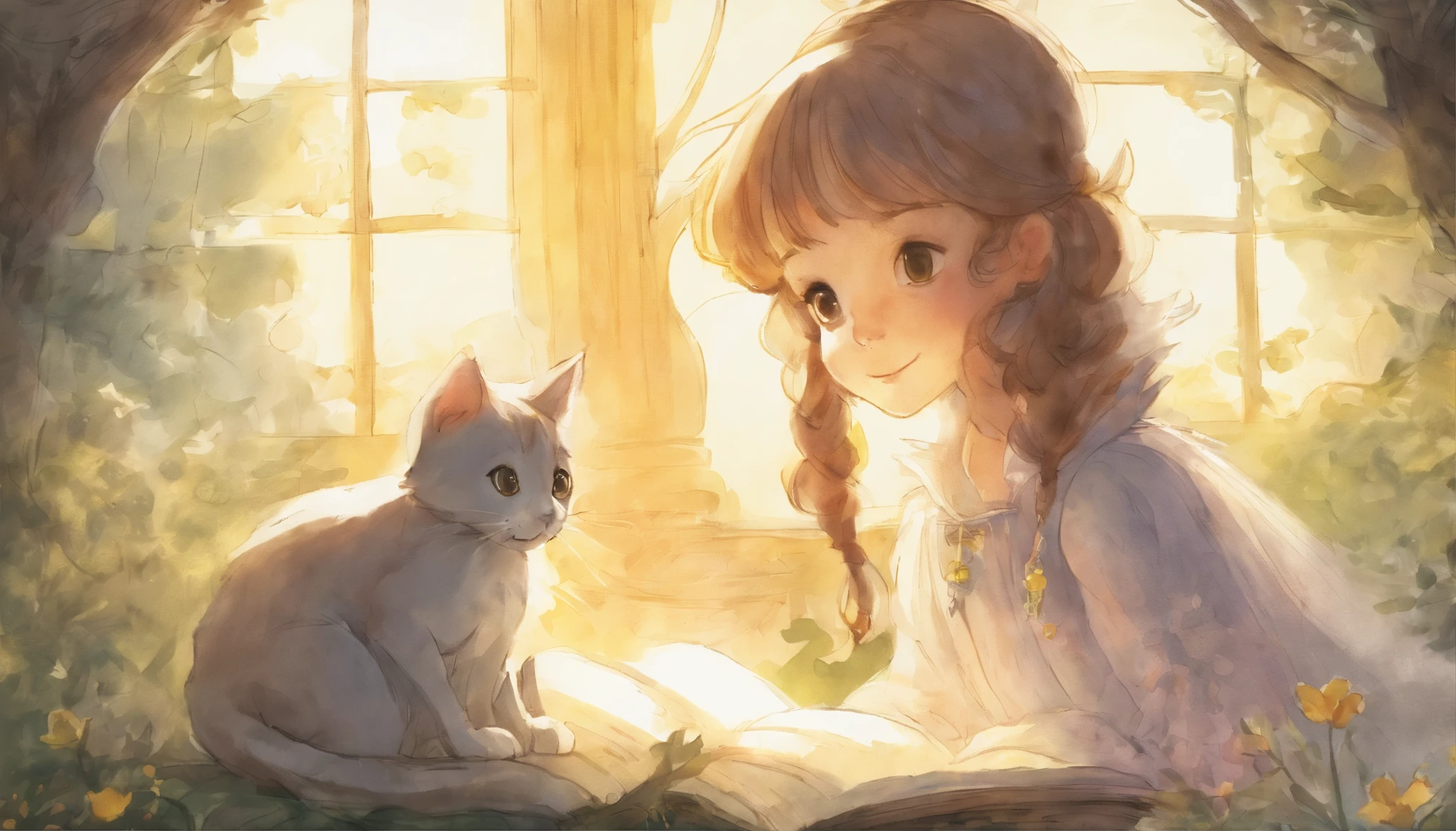 Light grey cat and girl holding hands and staring in a sunny room ars old girl、I have chestnut hair Fantastic and happy feelings watercolor paiting The overall design is classic.、The color is dark yellow Picture book illustrations