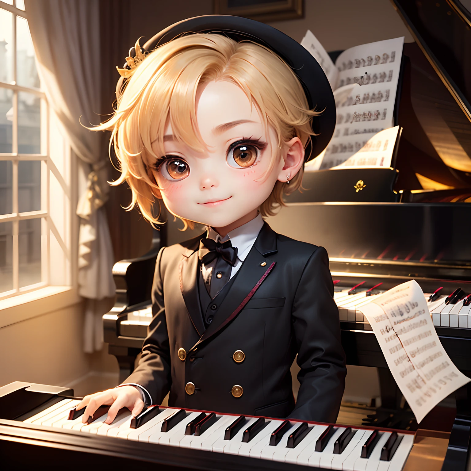 masterpiece、top-quality、ultra-detailliert、(Chibi Chara Pianist boy:1.2)、tailcoat、A detailed(I have to play the piano:1.2)、Inside the Houses of Parliament、A smile、The depiction of piano playing won the grand prize