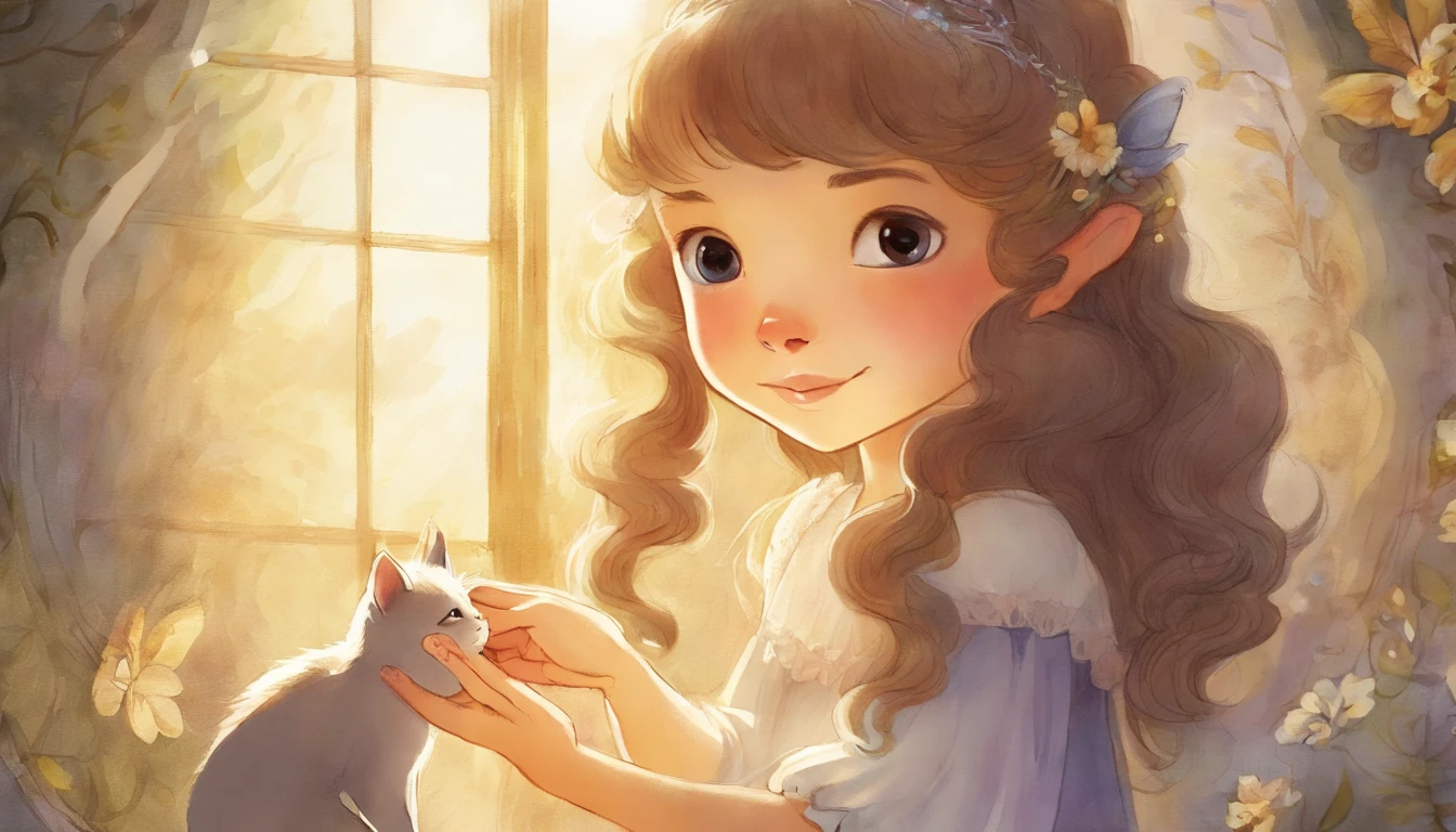 Girl holding the hand of a light grey cat in a sunny room 10years old girl、I have chestnut hair Fantastic and happy feelings watercolor paiting The overall design is classic.、The color is dark yellow Picture book illustrations