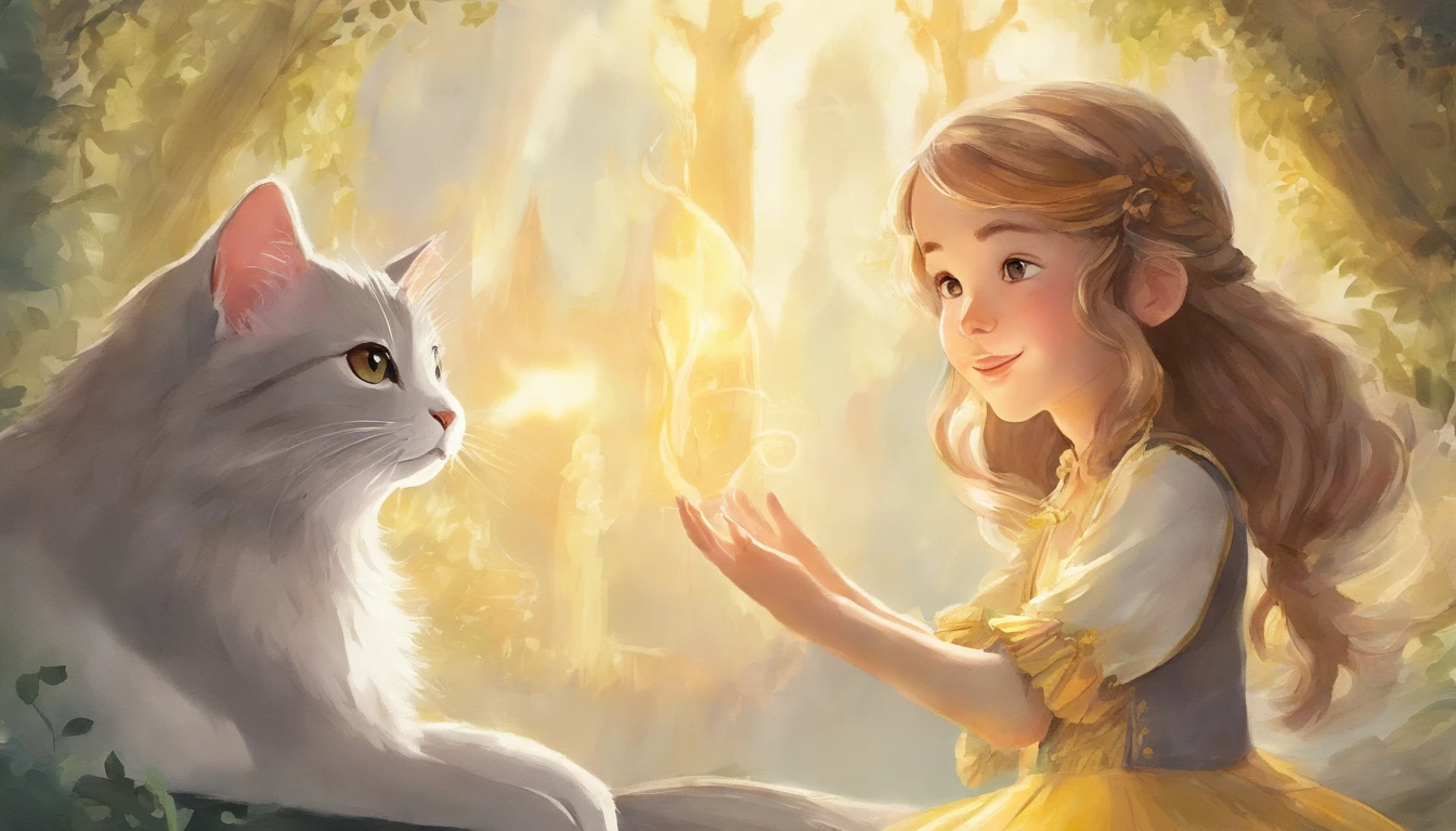 Girl holding the hand of a light grey cat in a sunny room ars old girl、I have chestnut hair Fantastic and happy feelings watercolor paiting The overall design is classic.、The color is dark yellow Picture book illustrations