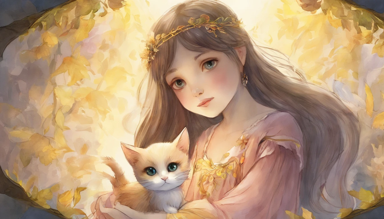 Girl holding the hand of a light grey cat in a sunny room ars old girl、I have chestnut hair Fantastic and happy feelings watercolor paiting The overall design is classic.、The color is dark yellow Picture book illustrations