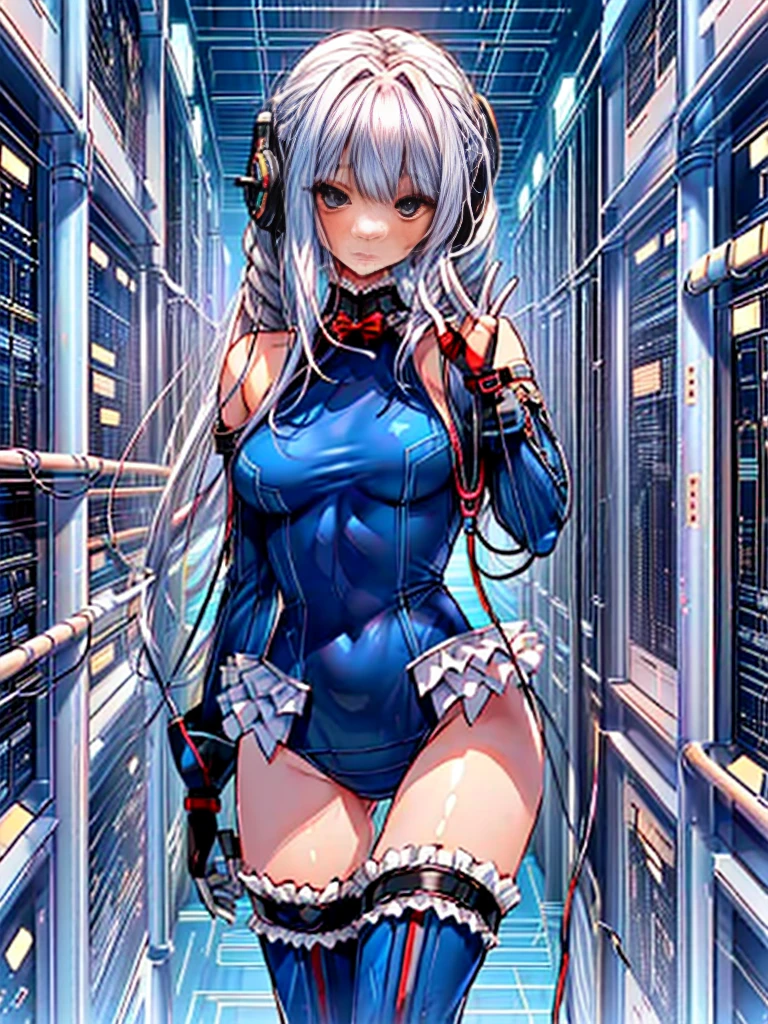 White long-haired girl, blue robotic arm on her right hand, flashing light blue arc, flat breasts exposed, breasts coming out, red sneakers, forked legs, hung by red rope in the laboratory in the air without hanging at all, electric shock best quality, masterpiece, ultra-high resolution, nude photos, --auto --s2