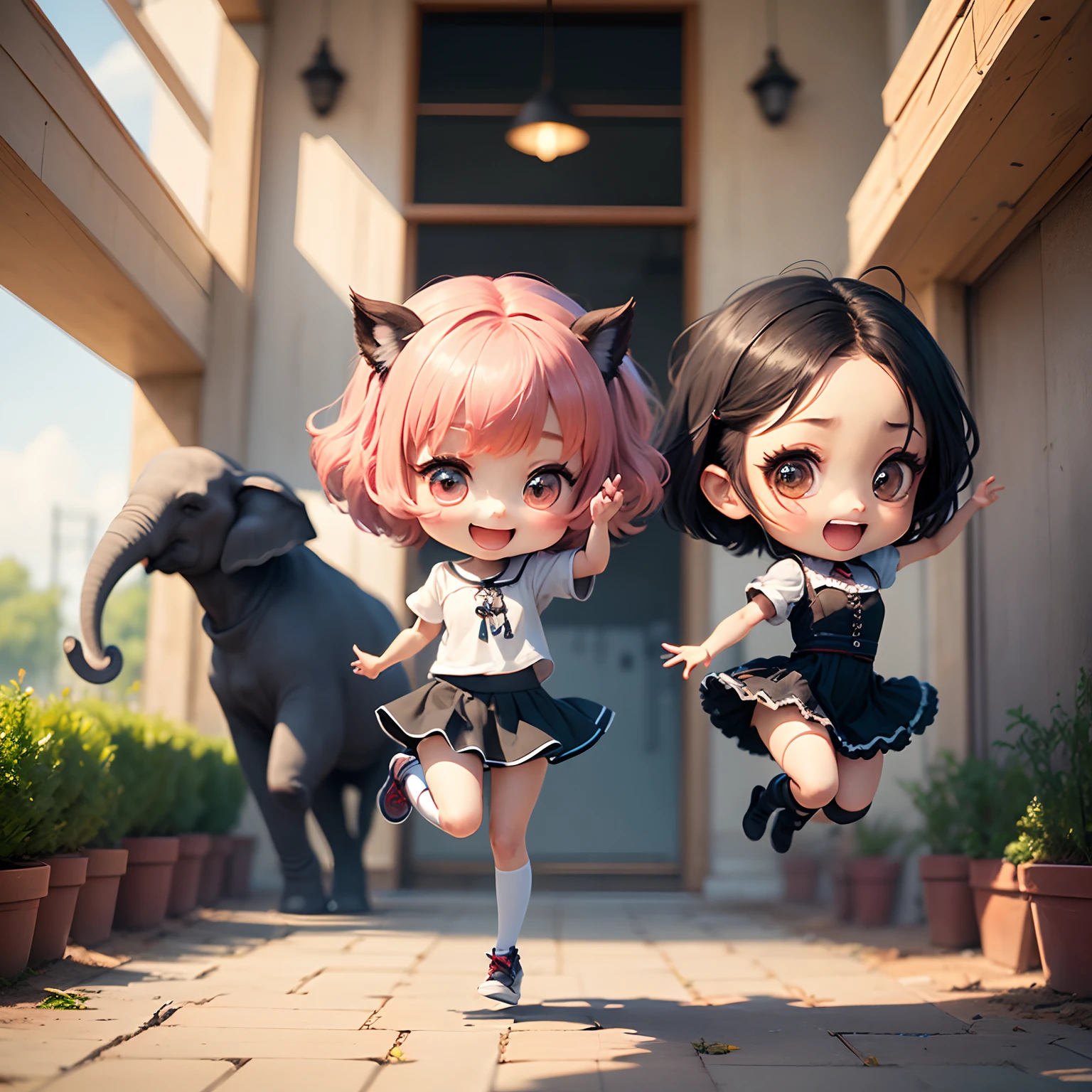 ​masterpiece、top-quality、ultra-detailliert、(Chibi Chara's Daughter:1.2)、Elephant ears、Black ash bob swaying in the wind、Fancy Wraith、jumping kick、full bodyesbian、Open your mouth and smile、