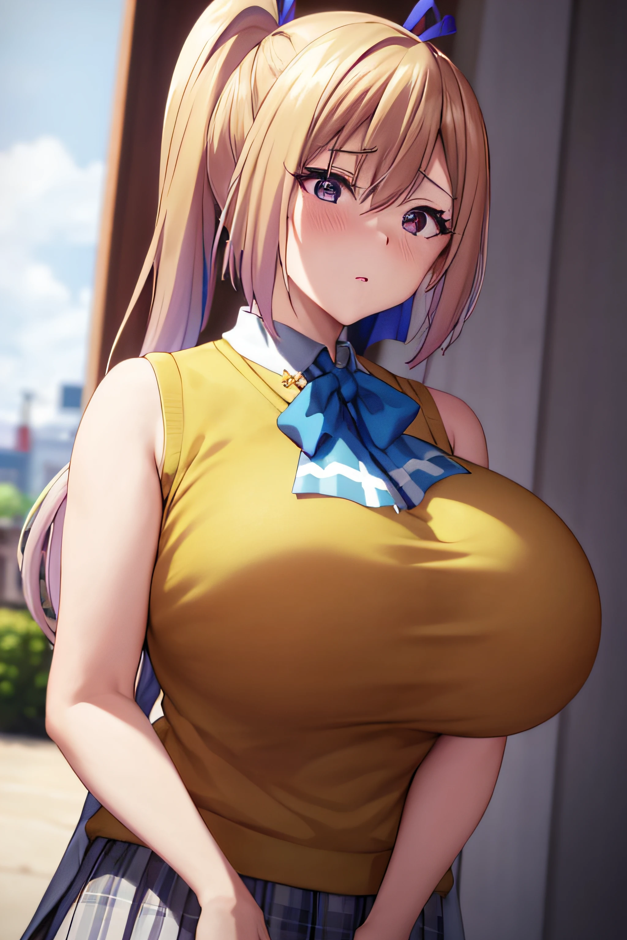 masterpiece, (top-quality), 1womanl,1girl in,1 boy,,kawakami_mai, blonde hair, length hair, side poneyTail, a purple eye, Sweater Vest, 校服, skirt by the, gigantic huge tits,bow ribbon, Hair ribbon, Mole under the eyes,Female sexy, embarrassed from,red blush, vivd colour,,natural soft light,RTX, , Beautiful fece, (详细的脸:1.2), showcase, (perfect eyes:1.1) ,(Photorealsitic:1.1), 8K UHD, Look at viewers, outside of house, simple background
