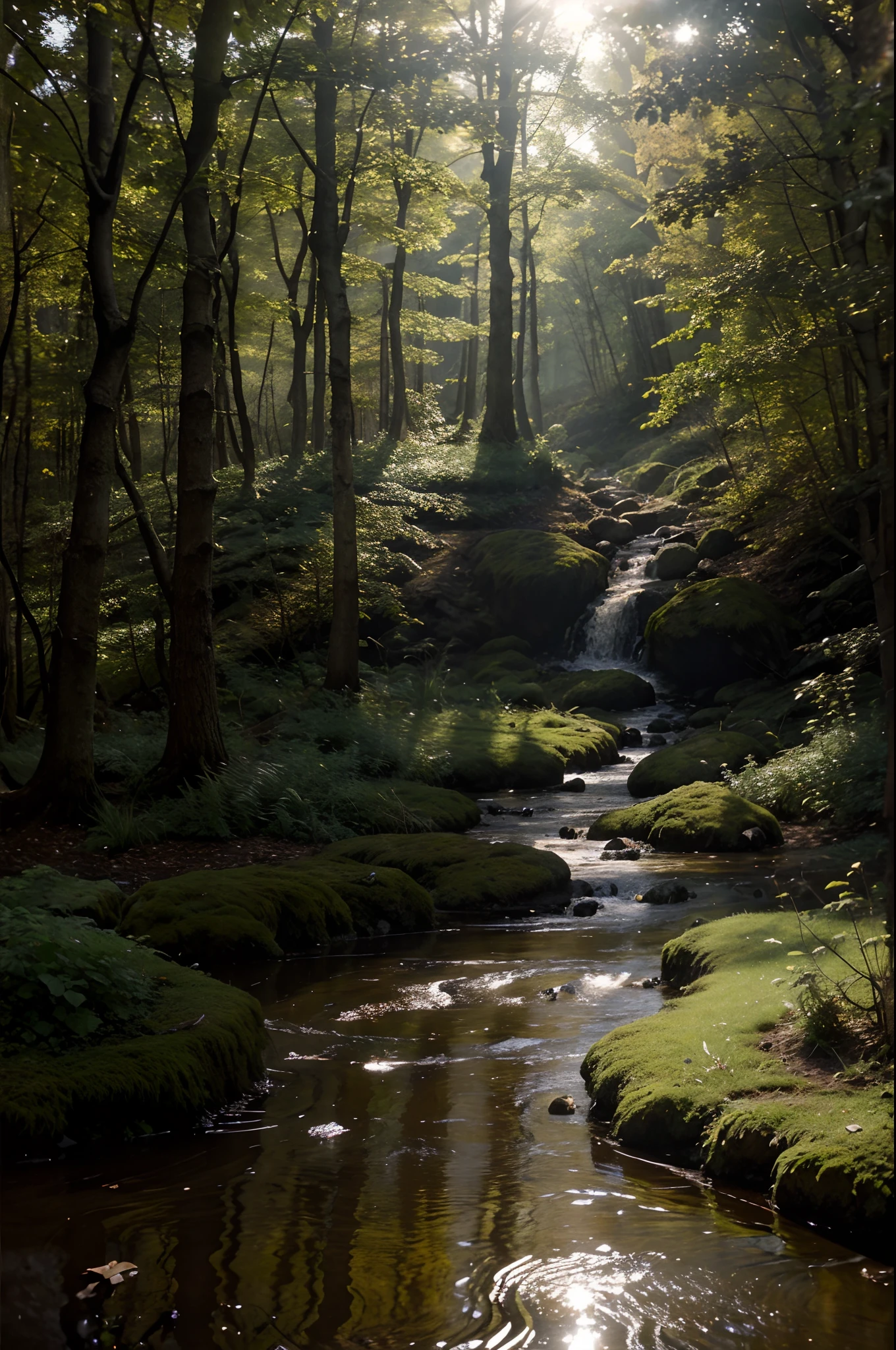 oil painting. realistic environment, A bit dark and tense. A natural stone path and a small stream flows through large rocks into a large puddle in front of us. Into the clearing. Deaf, Woodland. along the Fence trail. many details. Strong sunlight. light mist.