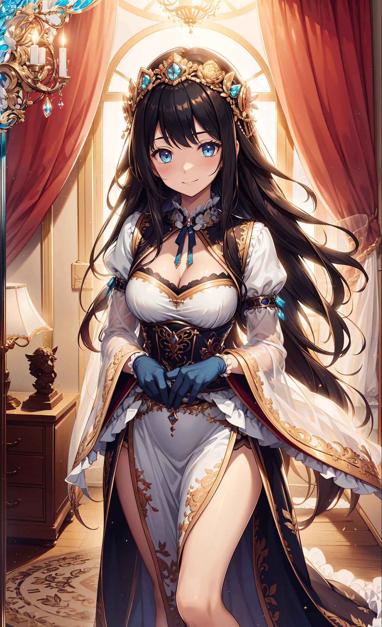 (Best quality, A high resolution, Textured skin, High quality, High details,Extremely detailed CG unity),teens girl,Enchanted,Divine happiness,Being in love,(Light Victorian dress:1.2),Pink hair,eBlue eyes,(Fabric headdress),Maximalism,Multiple layers of delicate ruffles,Lots of lace,Multi-colored cloth,Delicate embroidery,Delicate pattern,Fabric headdress,exquisite costumes,see-through transparent clothes,Bedrooms,the night,(Dazzle:1.2),Movie lighting,solo person,Fluttering skirt,