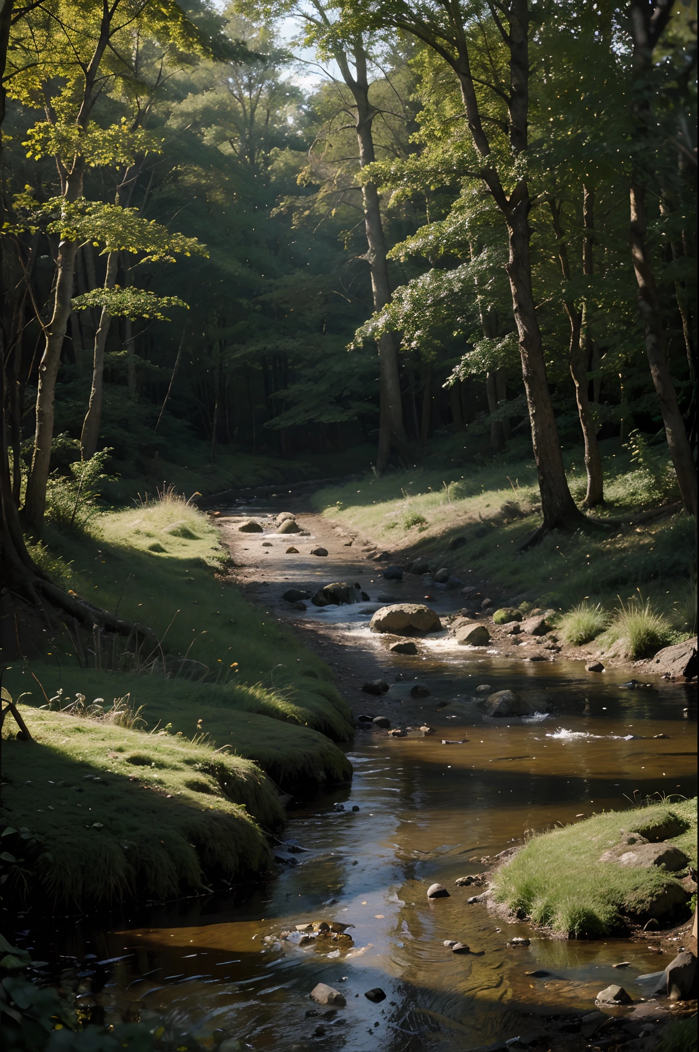 oil painting. realistic environment, A bit dark and tense. A natural stone path and a small stream flows through large rocks into a large puddle in front of us. Into the clearing. Deaf, Woodland. along the Fence trail. many details. Strong sunlight. light mist.