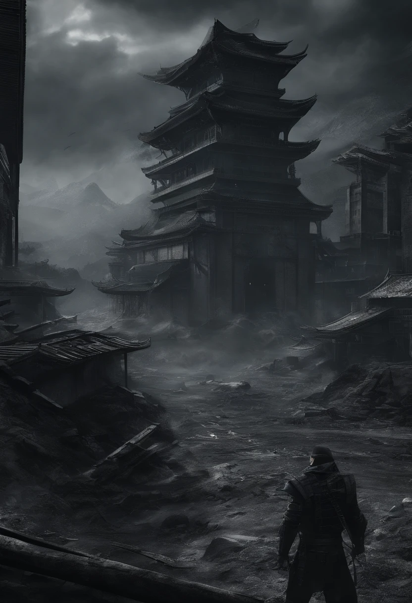 Post-apocalyptic wars, Shades of white, Nero, Red and rust color, survivor, vegetation, shadowing, Gloomy atmosphere, darkly, ((natta)), The breadth of the landscape, book cover,Wasteland,Japanese style,ruined architecture,samurais,Samurai of Japan,eastern style,lamplight,Wasteland Cannibals,brigand,tattered,Ruins in the city