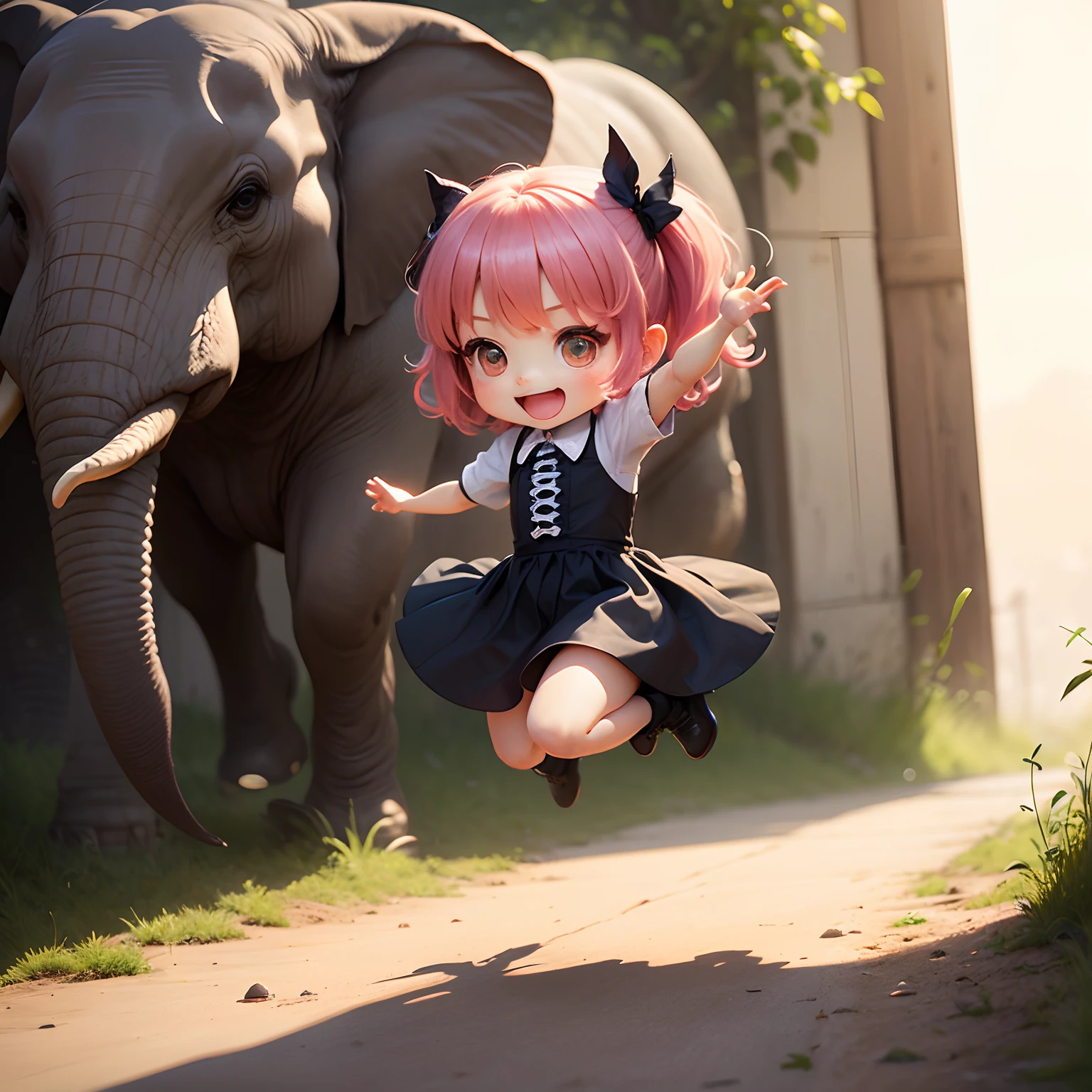 ​masterpiece、top-quality、ultra-detailliert、(Chibi Chara's Daughter:1.2)、Elephant ears、Black Ash Bob swaying in the wind、Fancy Wraith、Jumping Kick、full body Esbian、Open your mouth and smile、