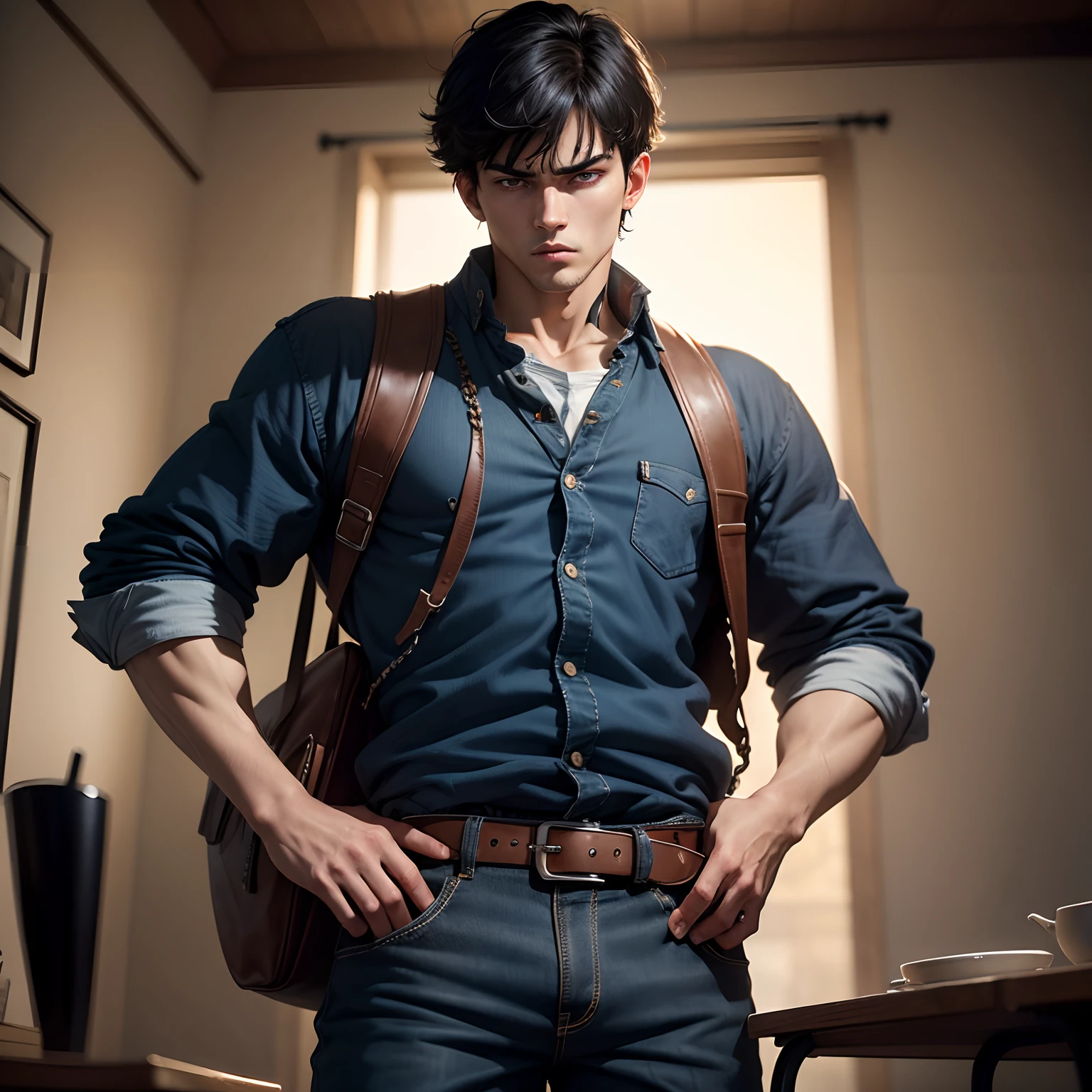 8k, masterpiece, best quality, realistic, higly detailed, cowboy shot, 1boy, solo, Fuutarou, young man, fair skin, black hair, bowl cut, two strands sticking up from the back of his head, bangs that cover his forehead, blue eyes, slim physique, tall build, tends to slouch, serious expression, scary and thuggish vibe, bad guy, Rabbit Costume