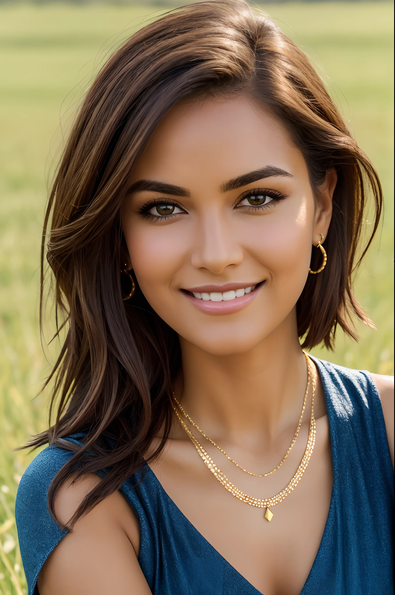 High quality, 4k, detailed image, A beautiful woman, big brown eyes, symmetrical eyes, perfect eyes, Chanel hair, short hair, discreet smile, detailed face, perfect focus on the face, summer day, grassy field in the background , (blue sky), bokeh effect, photo of the upper part of the body, wearing a thin gold necklace