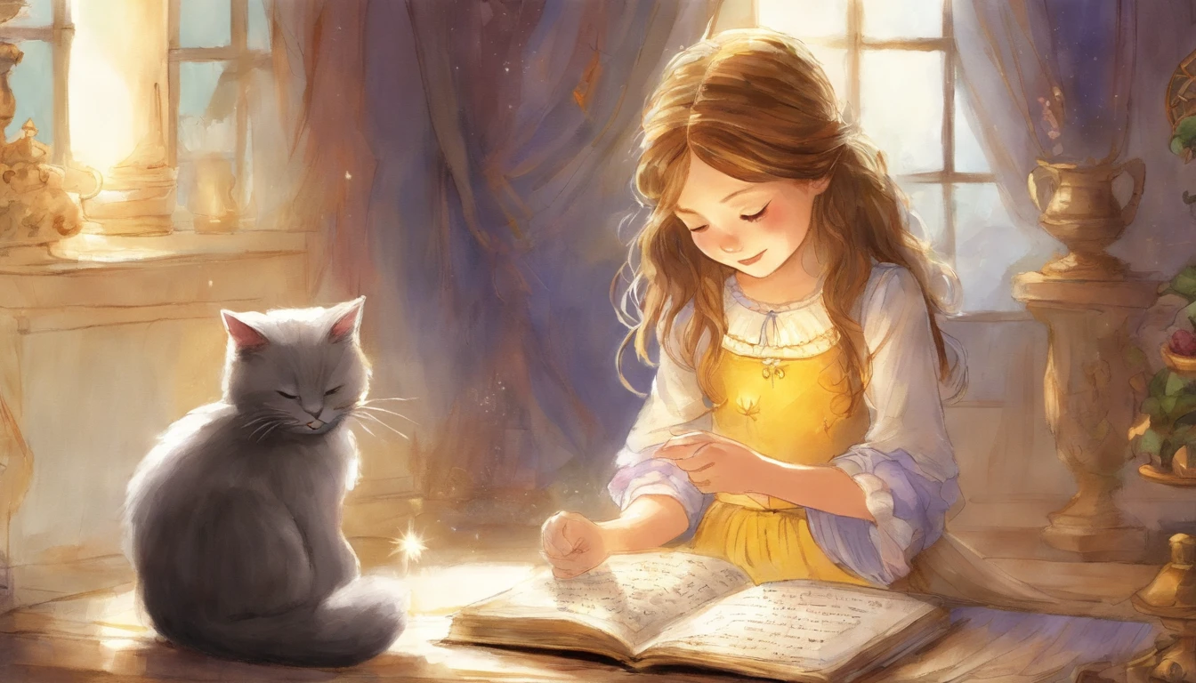 Girl grabbing light gray cat's paws in a sunny room 10years old girl、I have chestnut hair Fantastic and happy feelings watercolor paiting The overall design is classic.、The color is dark yellow Picture book illustrations