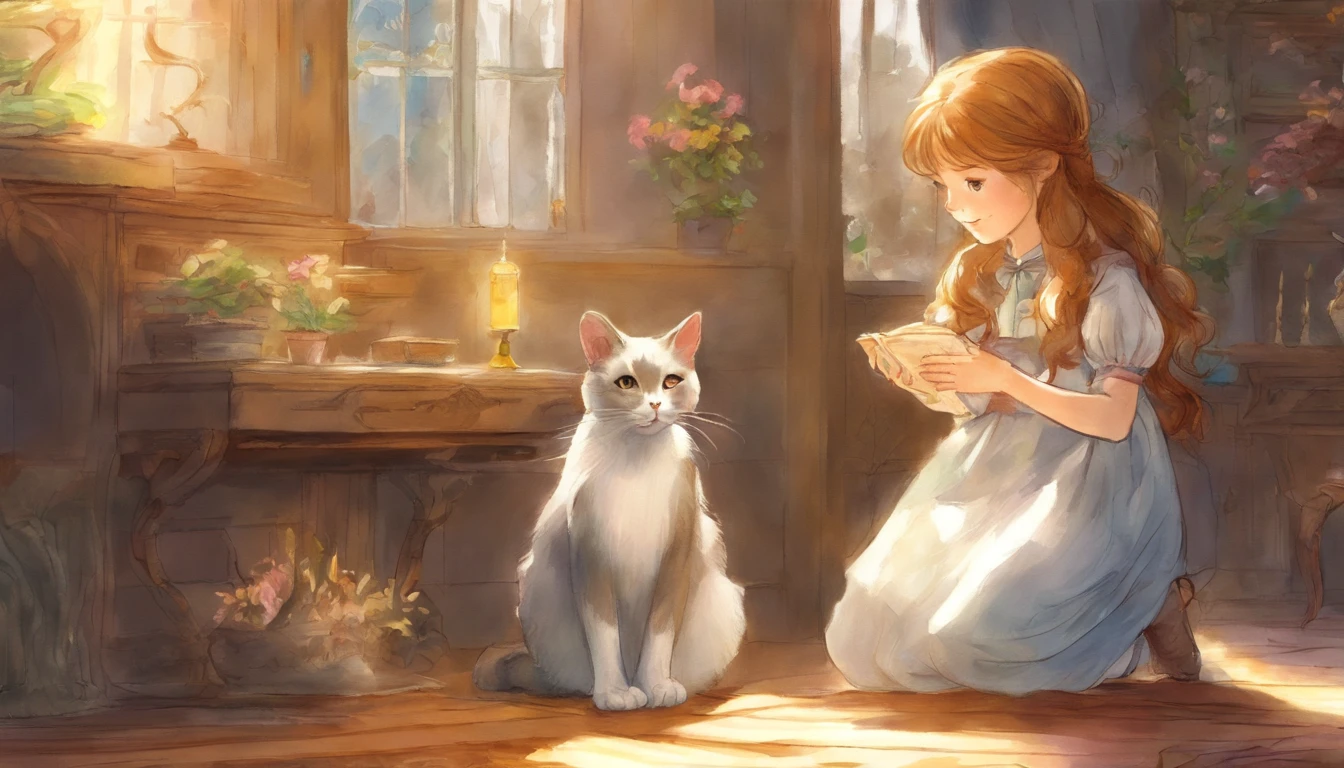 Girl grabbing light gray cat's paws in a sunny room ars old girl、I have chestnut hair Fantastic and happy feelings watercolor paiting The overall design is classic.、The color is dark yellow Picture book illustrations