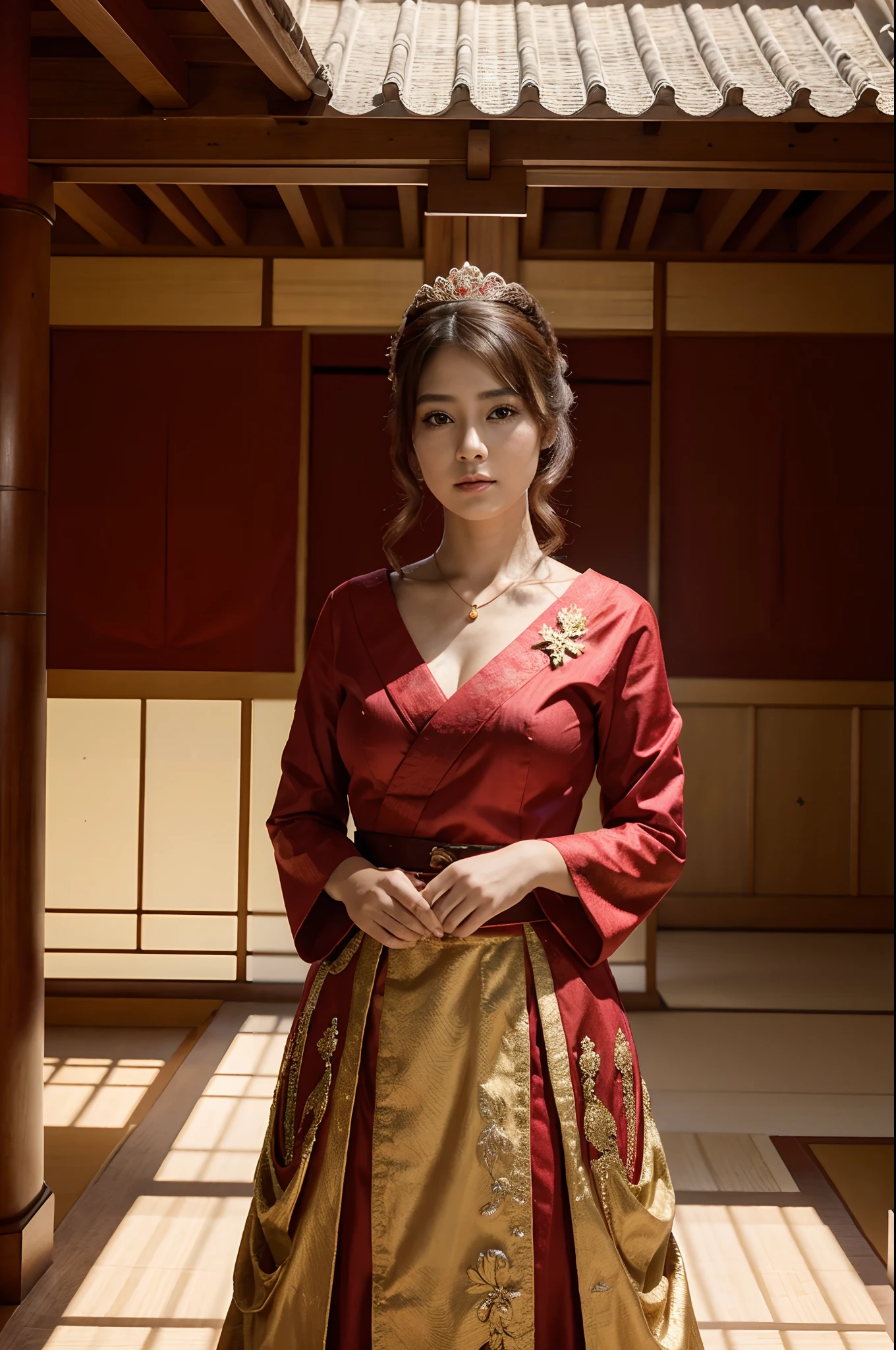 Princesa Japonesa em um palacio japones vestida de vermelho e dourado, realismo, 4k
