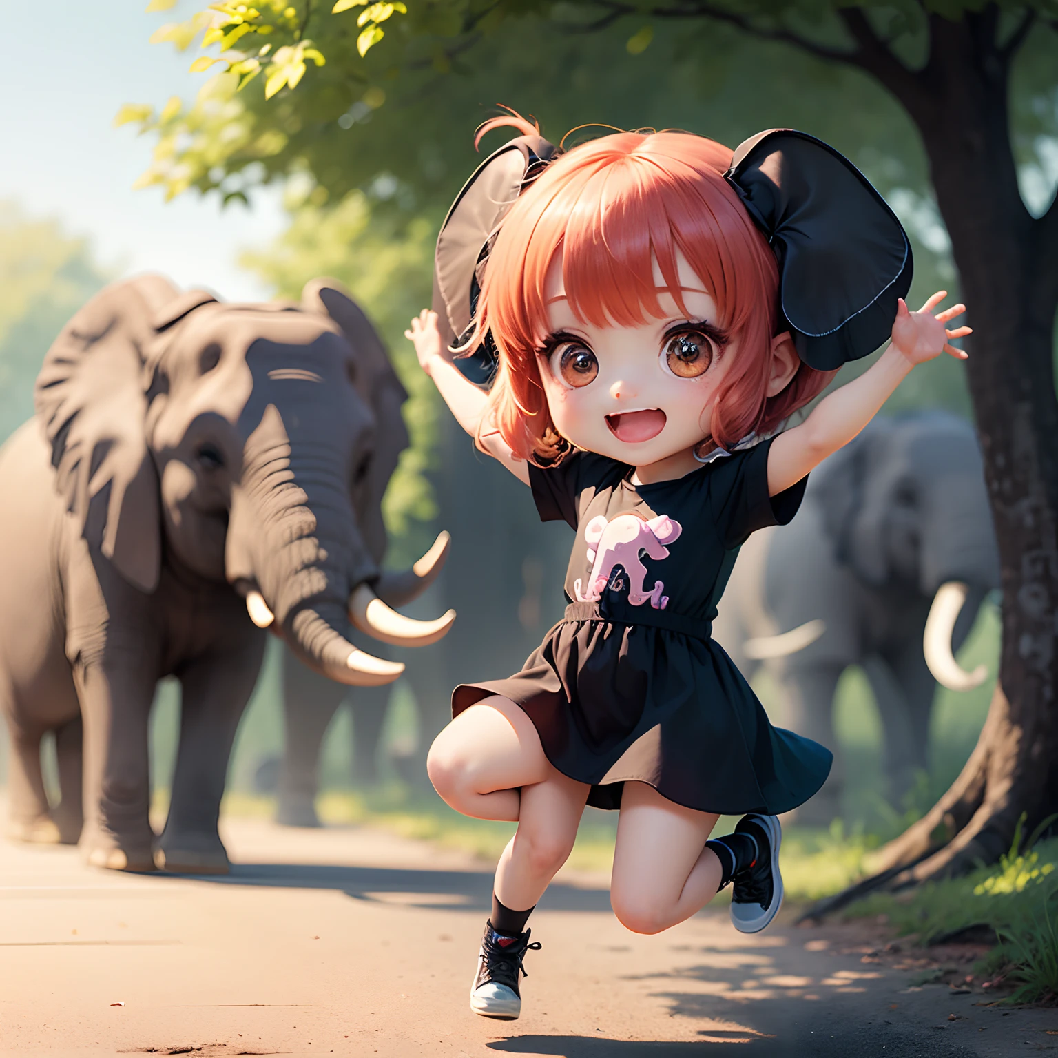masterpiece、top-quality、ultra-detailliert、(Chibi Chara's Elephant-Eared Daughter:1.2)、Black Ash Bob swaying in the wind、Fancy Wraith、Jumping Kick、full body Esbian、Open your mouth and smile、