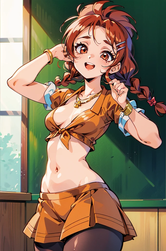 "(masterpiece:1.1), best quality, (NSFW:1.1),
1girl, gyaru, (80s anime style:1.3), (eyelashes:1.5),
(intricate high detailed body:1.2),
(red hair:1.1),
(forehead, parted bangs, hairclip:1.1), (twin braids:1.1),
red eyes,
(tan skin:1.1), ( body:1.2), (medium breasts:1.1),
grin, open mouth,
school uniform, skirt, midriff peek,
neck tie, fishnet tights, bracelet, necklace, hair ornament,
standing, dynamic pose,
upper body,
(classroom:1.2)"